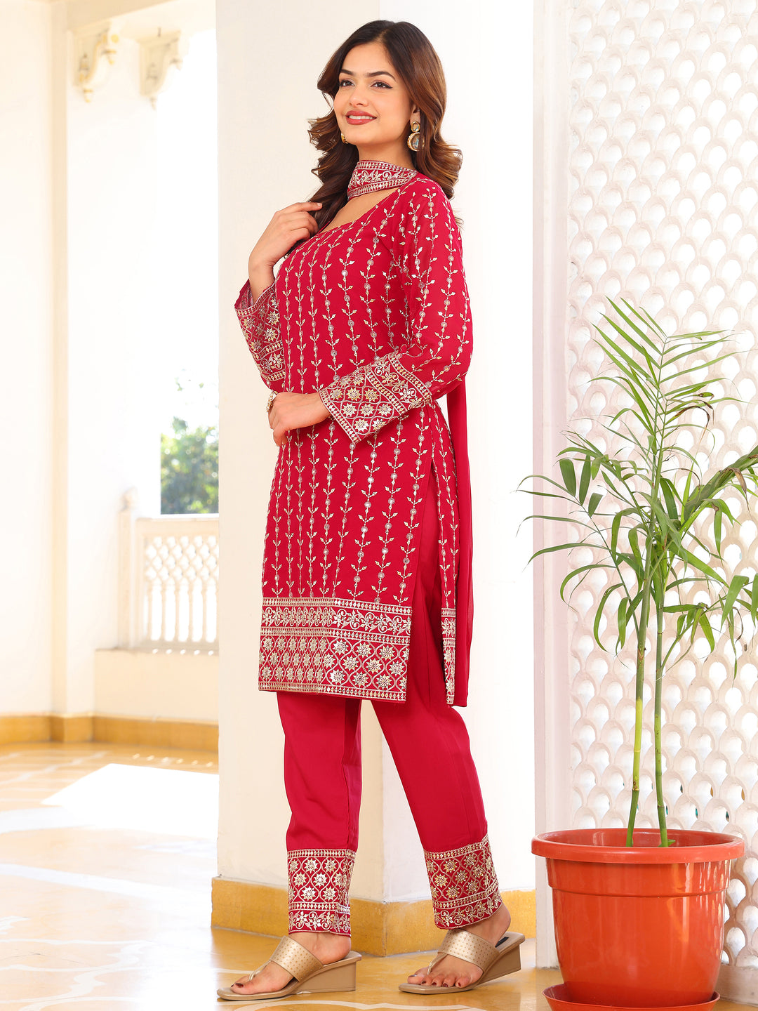 Stunning Ruby Red Straight Kurta Set with Silver Embroidery & Trousers