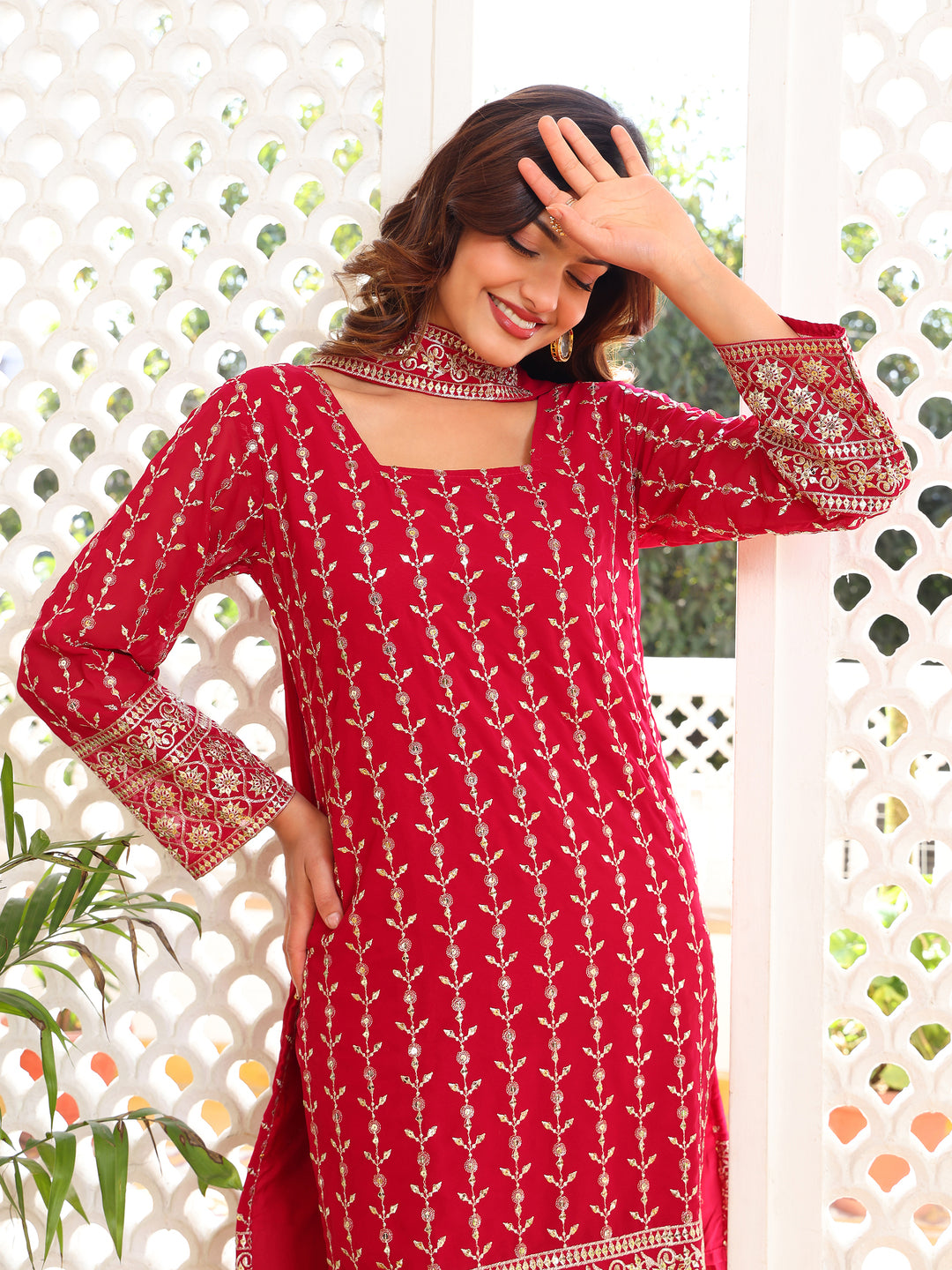 Stunning Ruby Red Straight Kurta Set with Silver Embroidery & Trousers