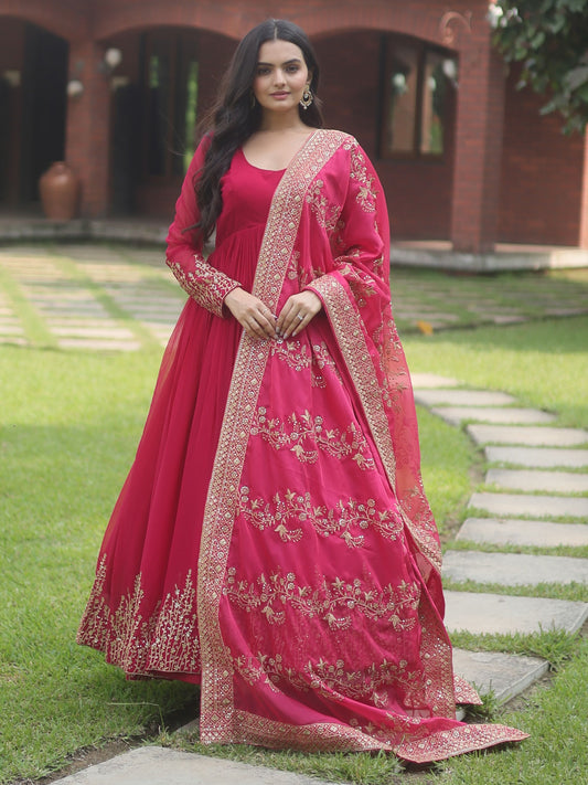 Stunning Pink Embroidered Anarkali Suit with Heavy Dupatta – Festive & Wedding Wear