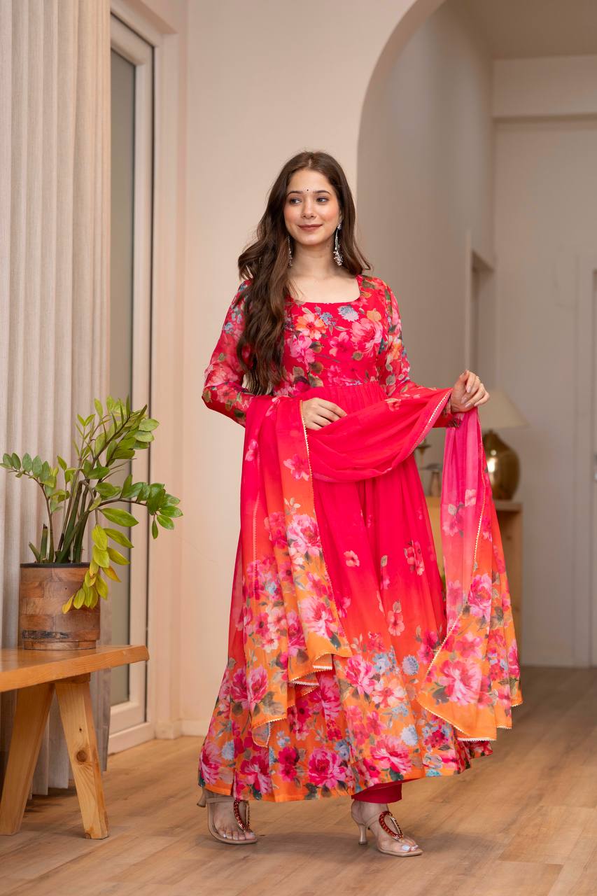 Red Floral Anarkali Kurta Set for Women