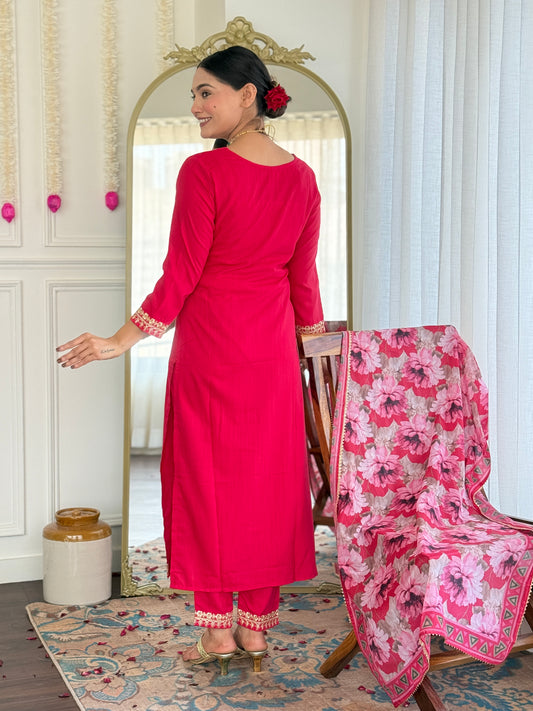 Women's Silk Blend Straight Embroidered Kurta with Pant & Dupatta