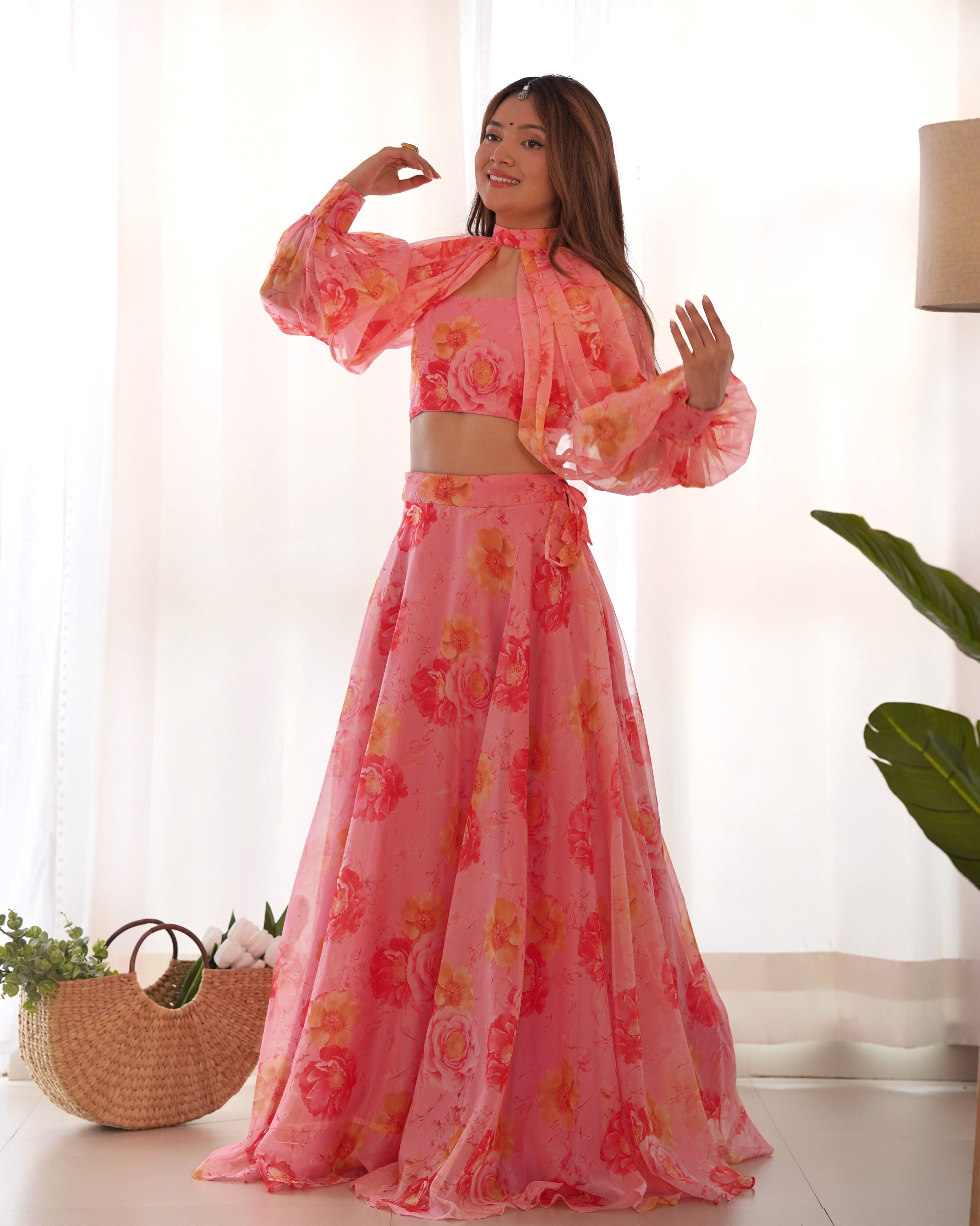 Pink Floral Lehenga Choli for Women – Designer Printed Party Wear Lehenga Set with Dupatta