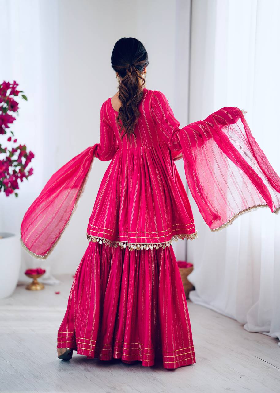Metallic Stripe Sharara Suit Set with Dupatta