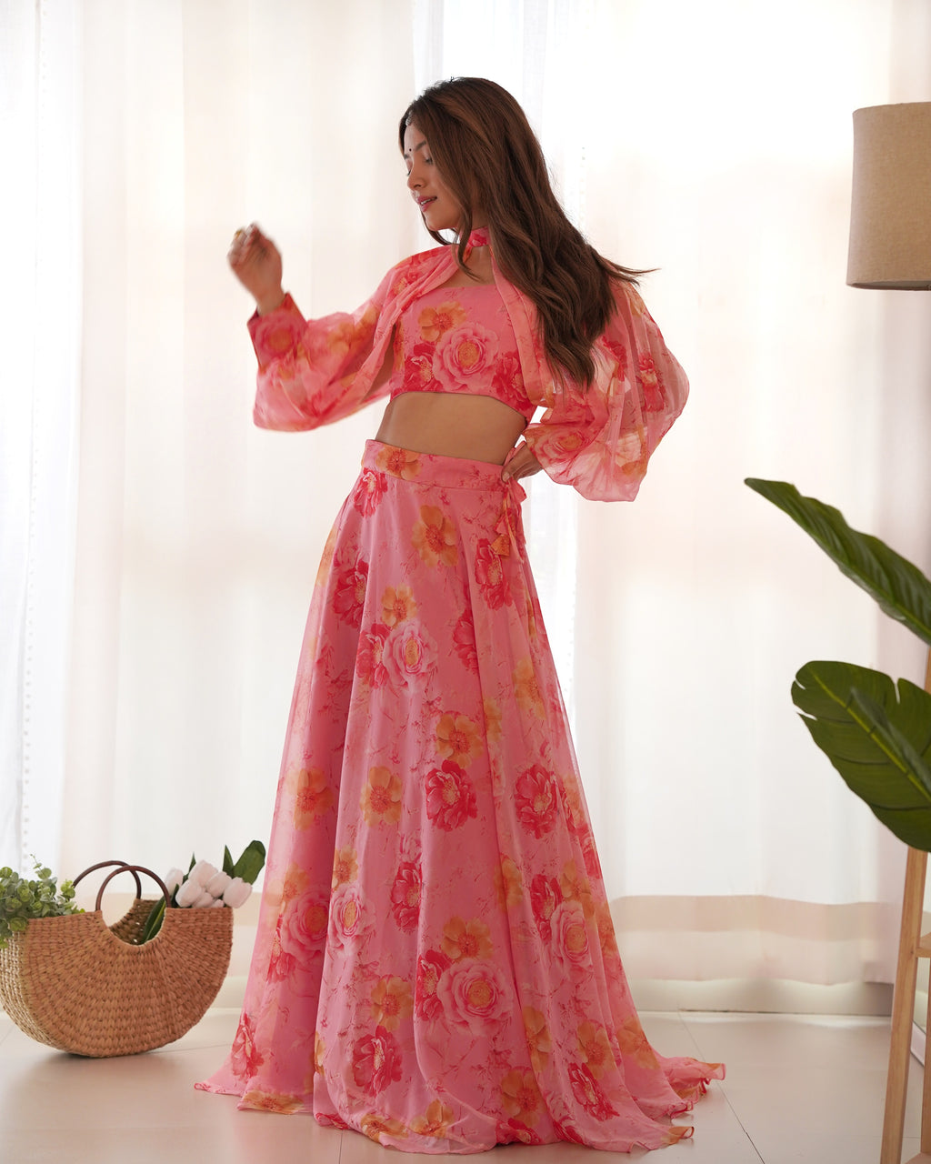 Pink Floral Lehenga Choli for Women – Designer Printed Party Wear Lehenga Set with Dupatta