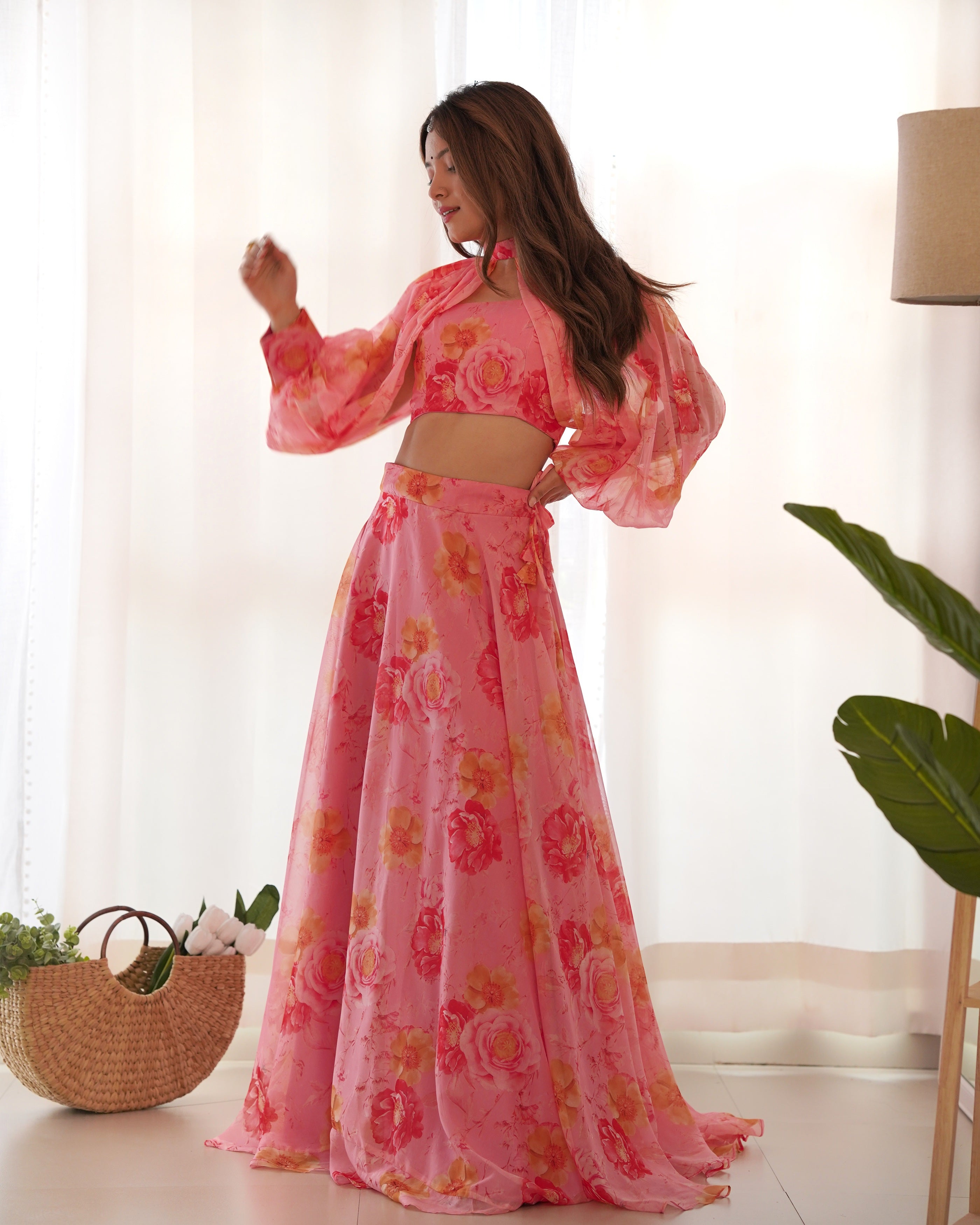 Pink Floral Lehenga Choli for Women – Designer Printed Party Wear Lehenga Set with Dupatta