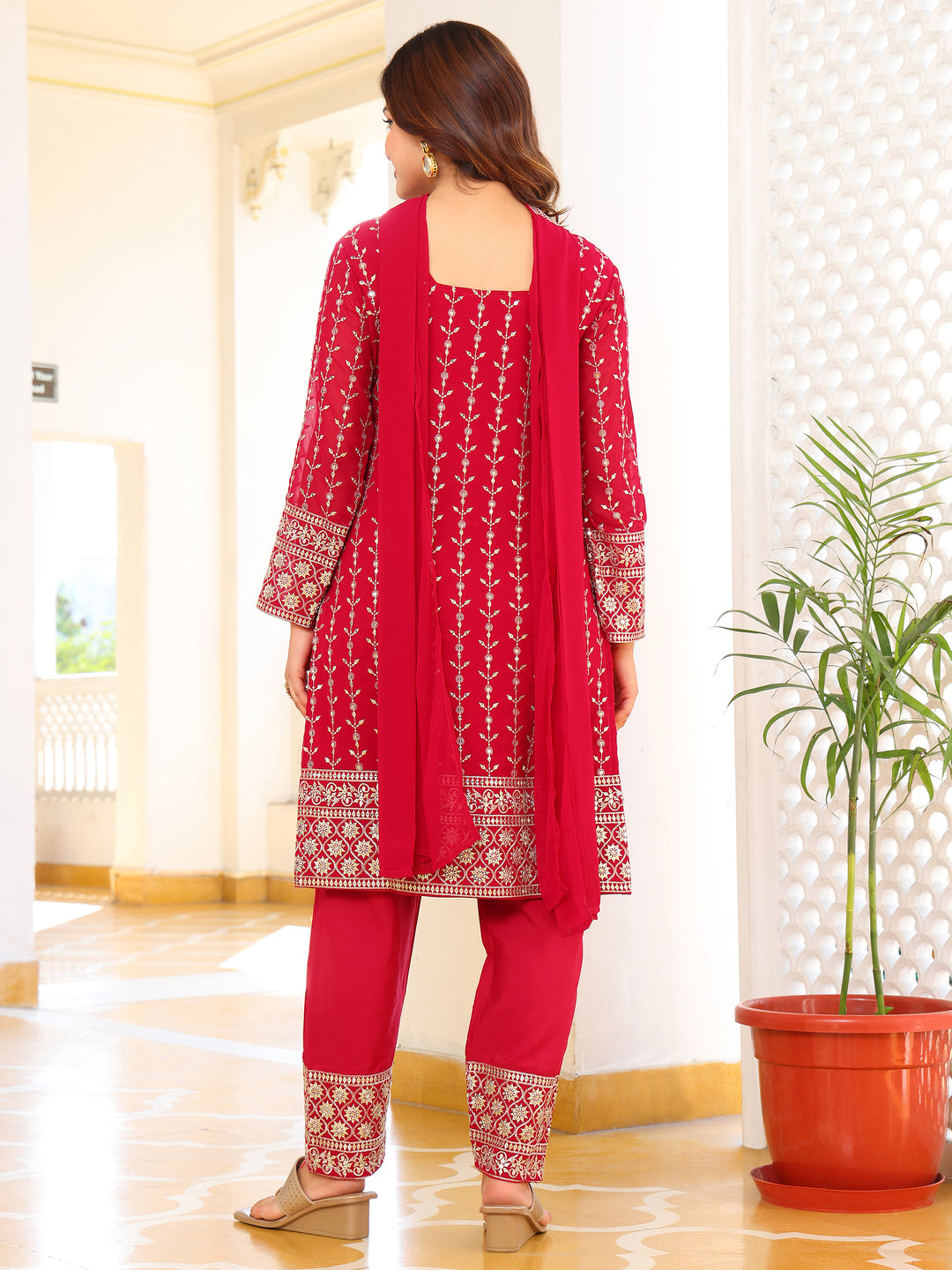 Stunning Ruby Red Straight Kurta Set with Silver Embroidery & Trousers