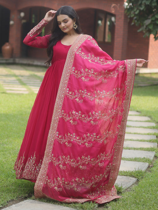Stunning Pink Embroidered Anarkali Suit with Heavy Dupatta – Festive & Wedding Wear
