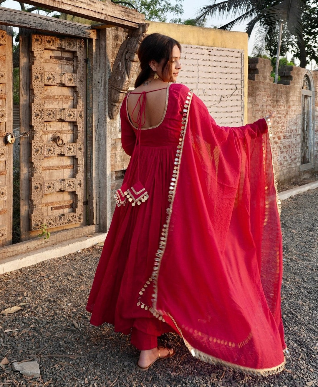 Graceful Crimson Red V-Neck Anarkali Suit for Festivities