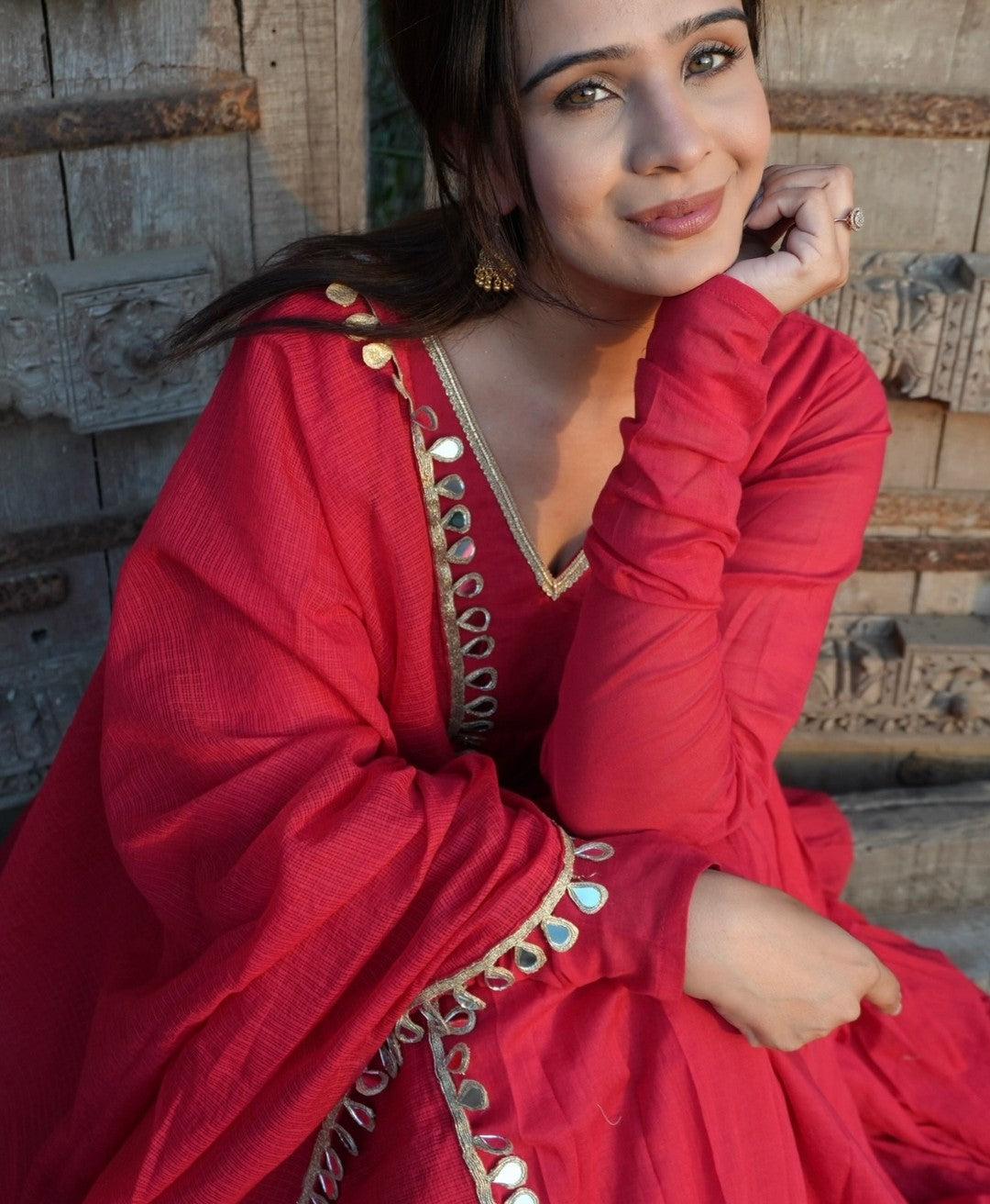 Graceful Crimson Red V-Neck Anarkali Suit for Festivities