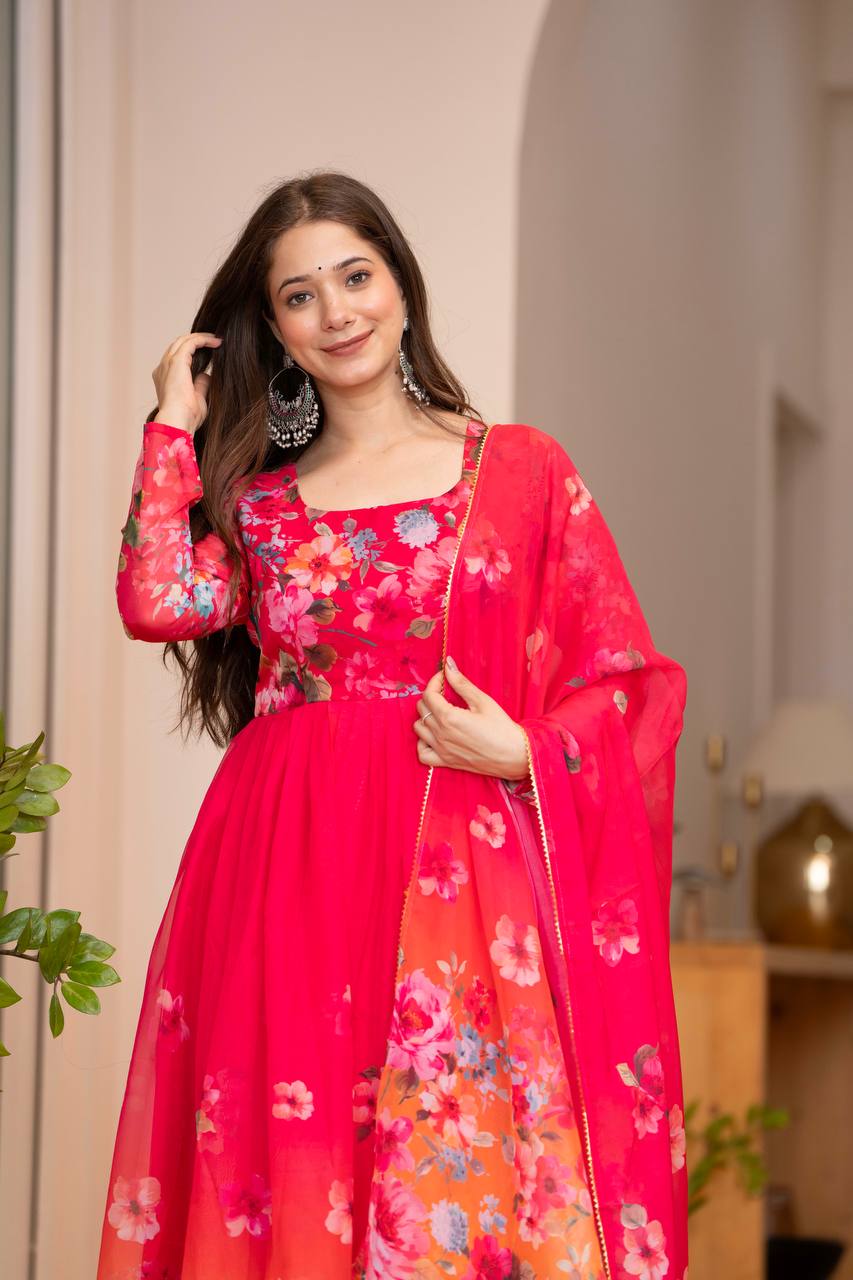 Red Floral Anarkali Kurta Set for Women