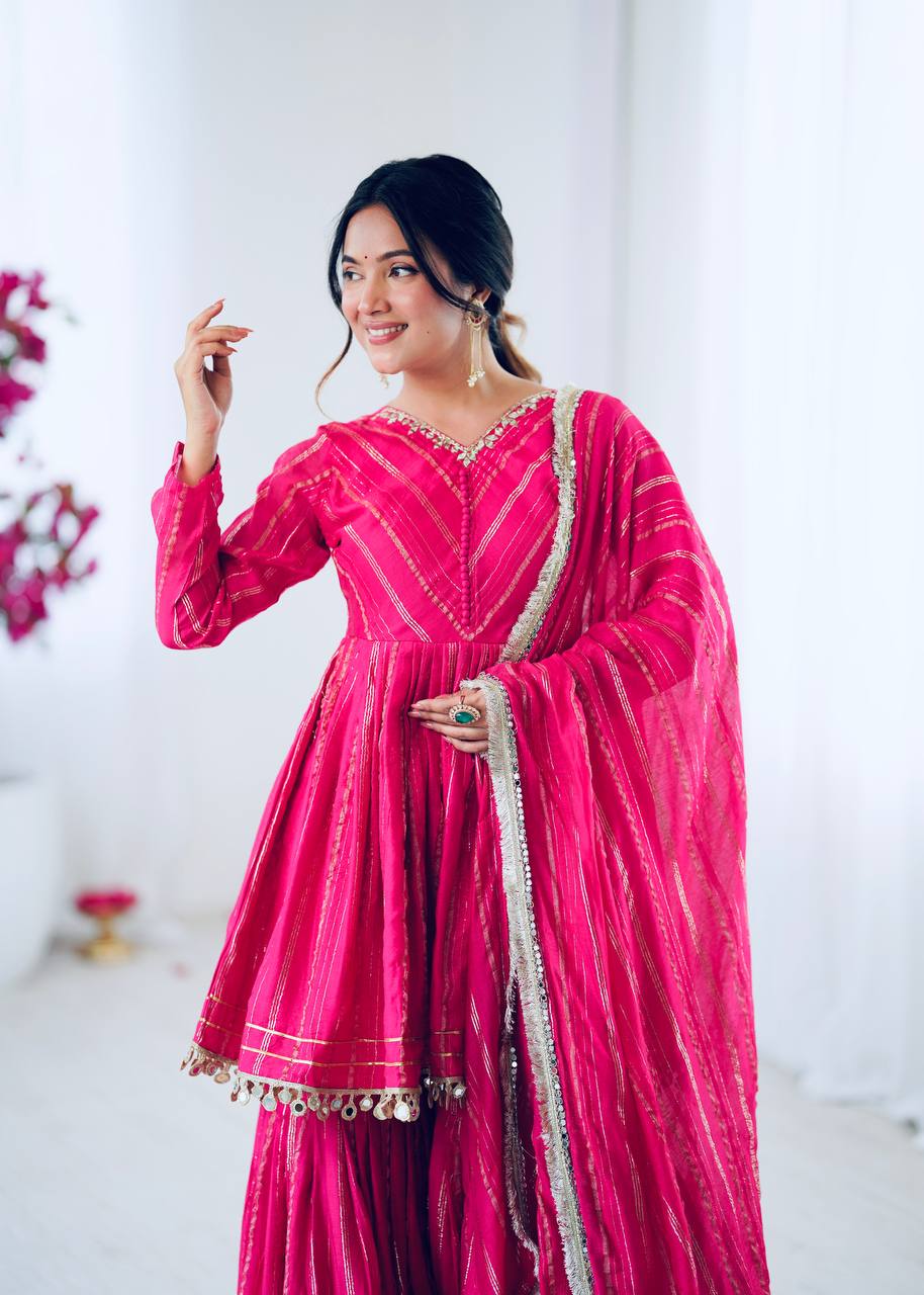 Metallic Stripe Sharara Suit Set with Dupatta