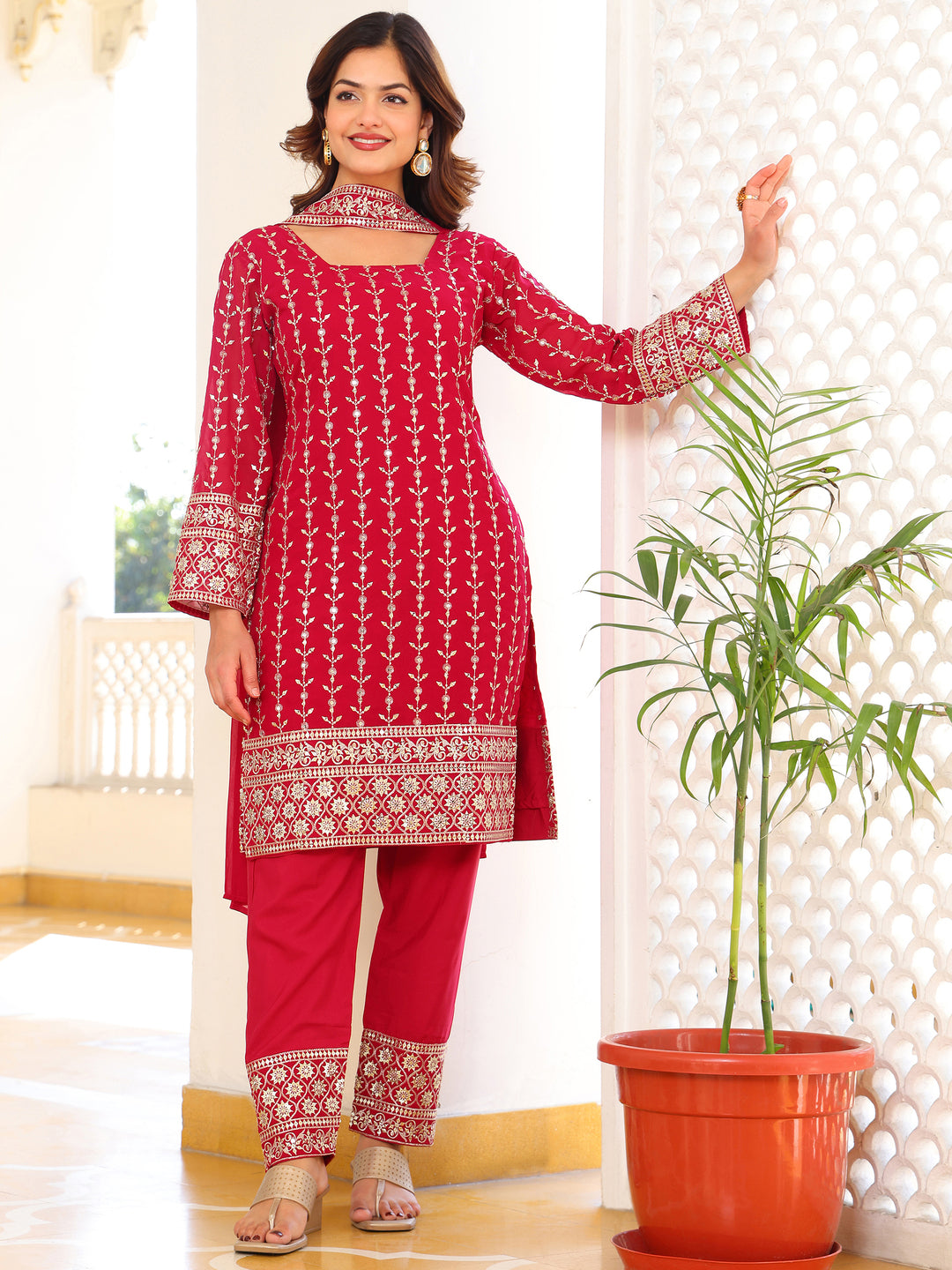 Stunning Ruby Red Straight Kurta Set with Silver Embroidery & Trousers