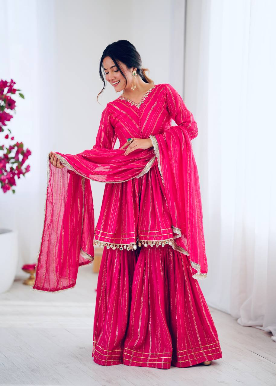 Metallic Stripe Sharara Suit Set with Dupatta