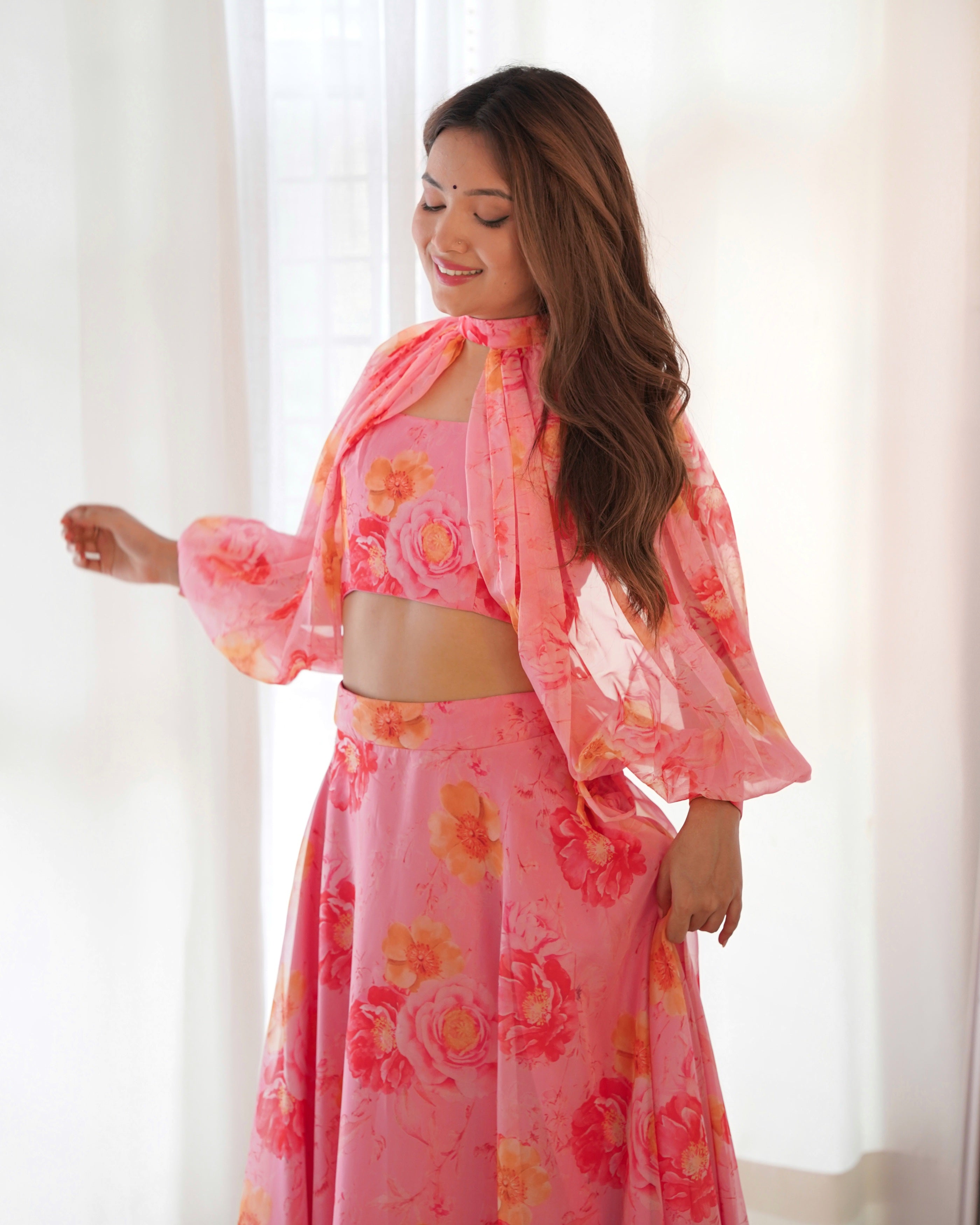 Pink Floral Lehenga Choli for Women – Designer Printed Party Wear Lehenga Set with Dupatta