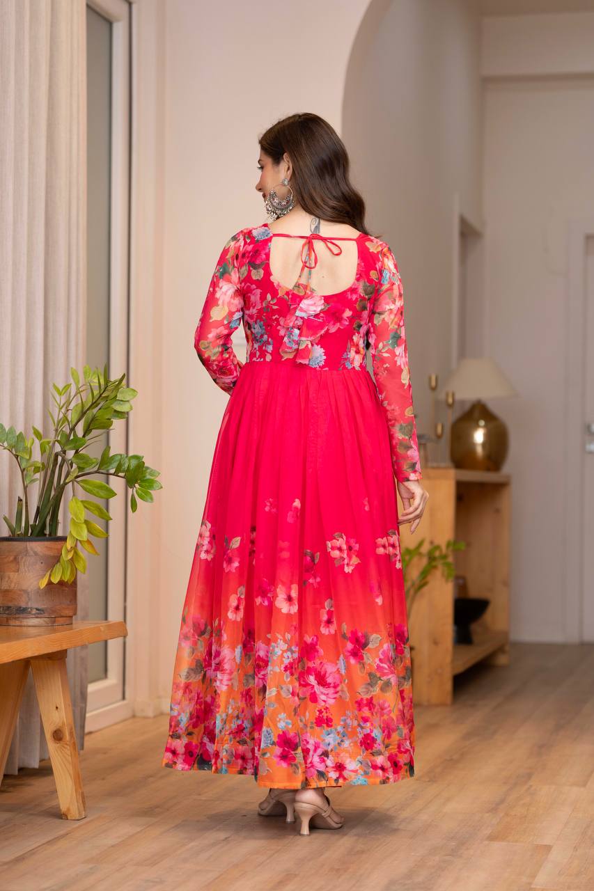Red Floral Anarkali Kurta Set for Women