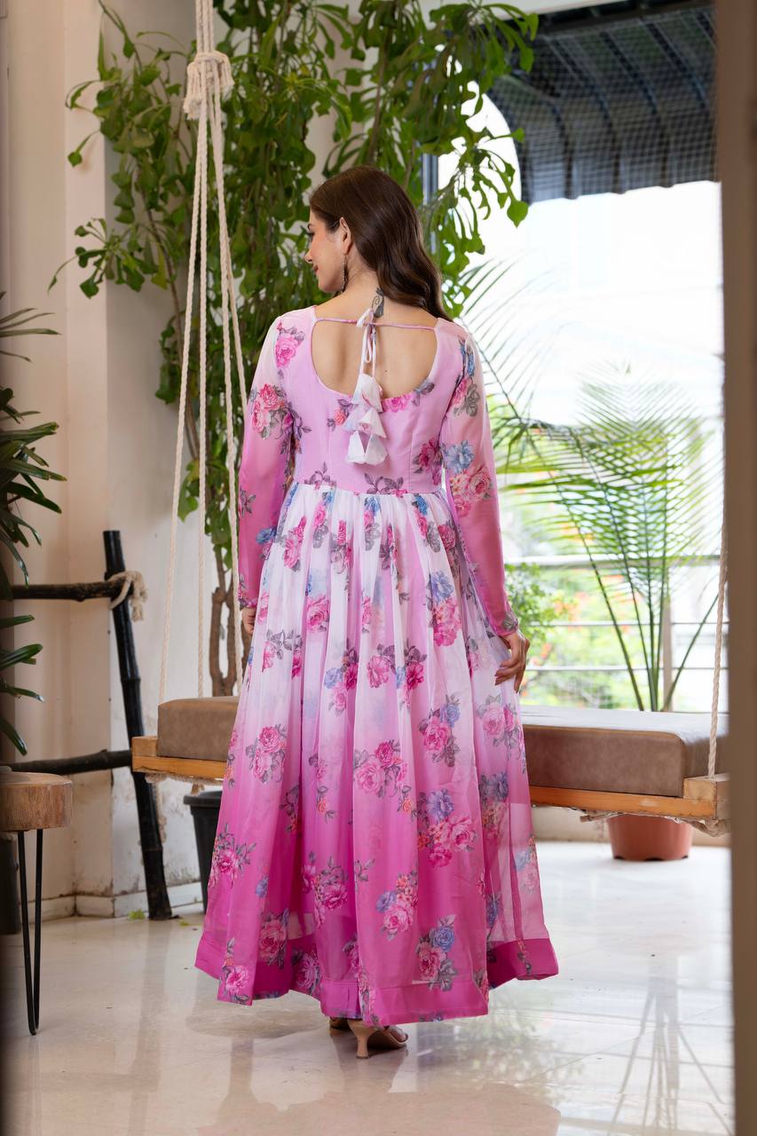 Pink Floral Anarkali Kurta Set for Women