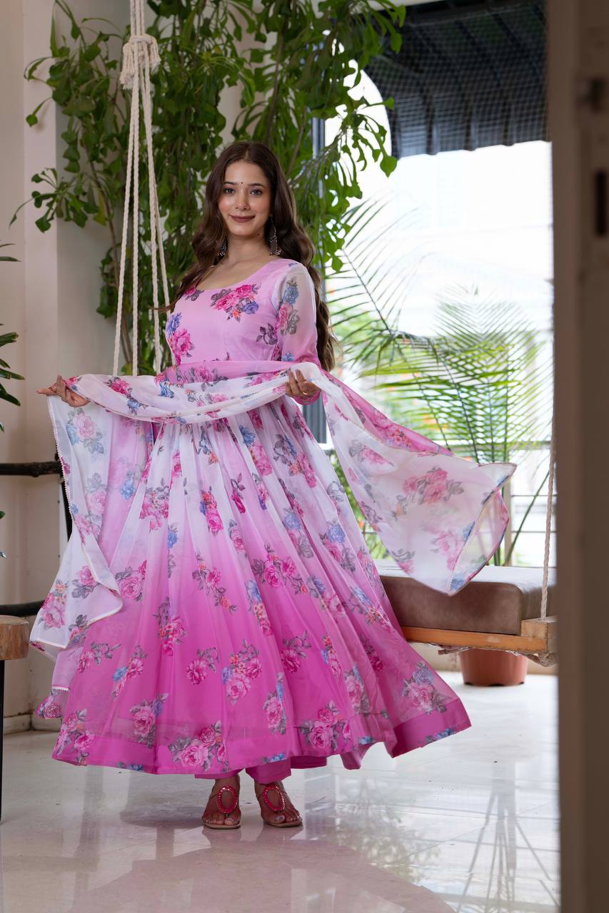 Pink Floral Anarkali Kurta Set for Women