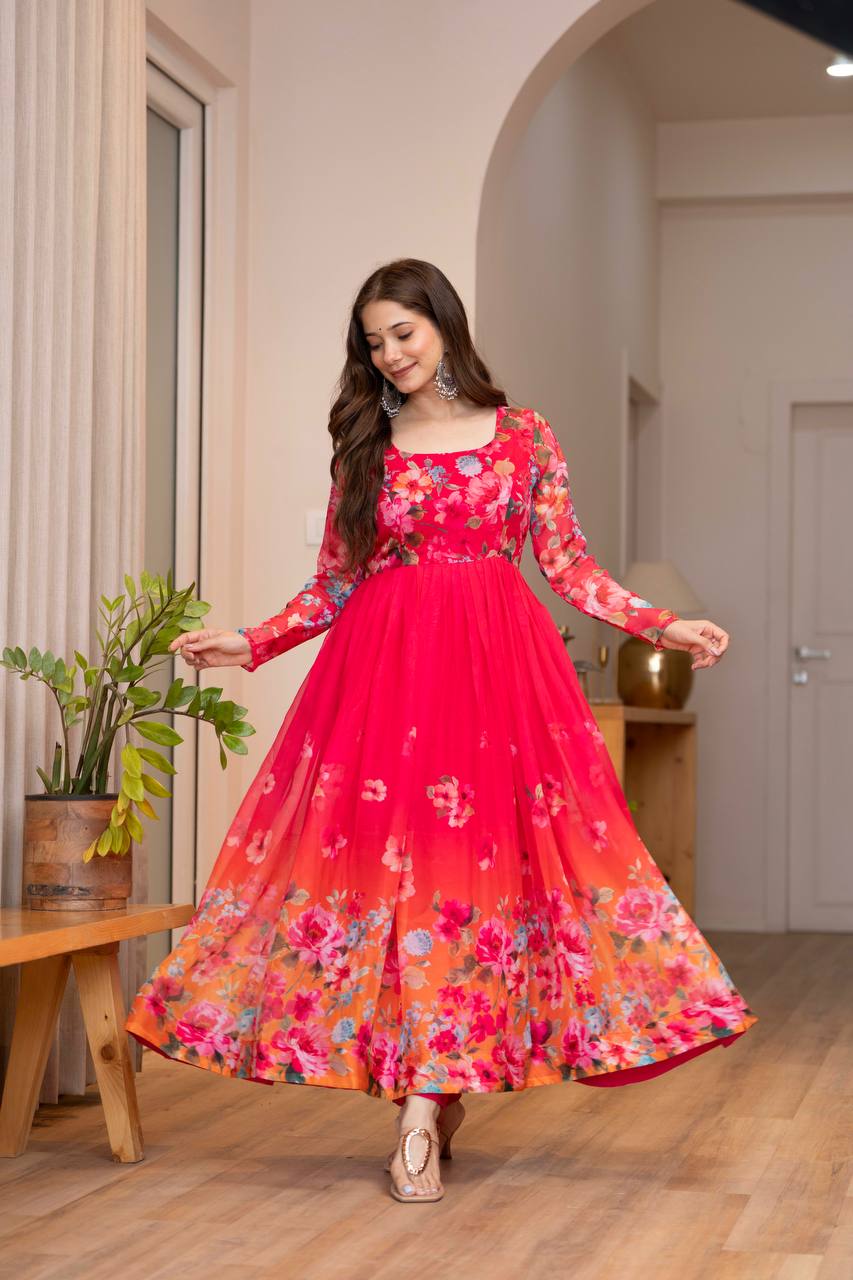 Red Floral Anarkali Kurta Set for Women