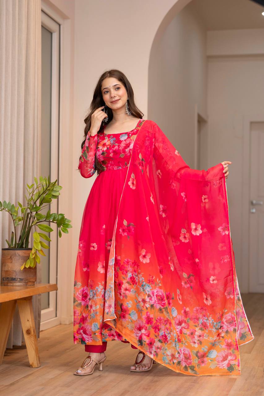 Red Floral Anarkali Kurta Set for Women
