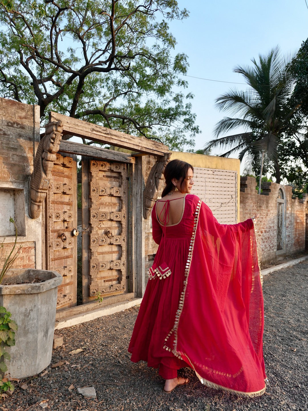Graceful Crimson Red V-Neck Anarkali Suit for Festivities
