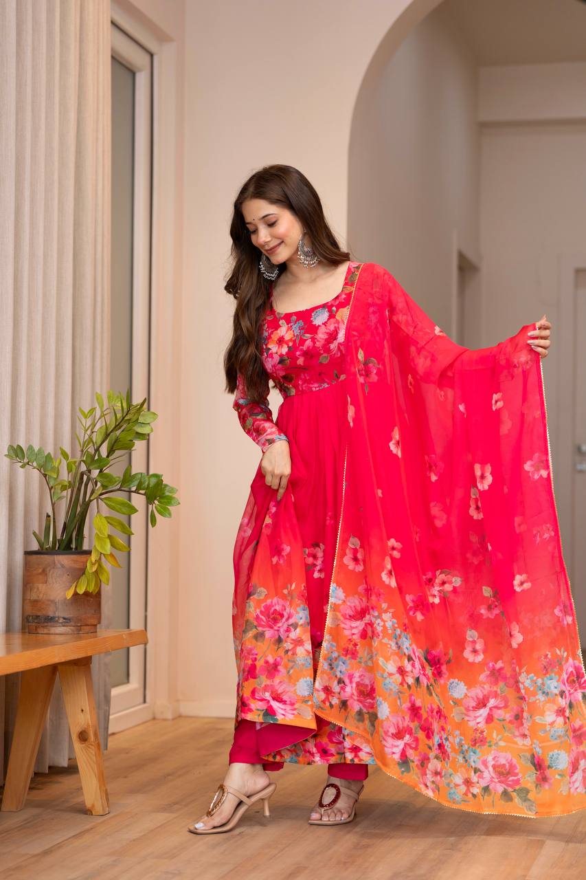 Red Floral Anarkali Kurta Set for Women
