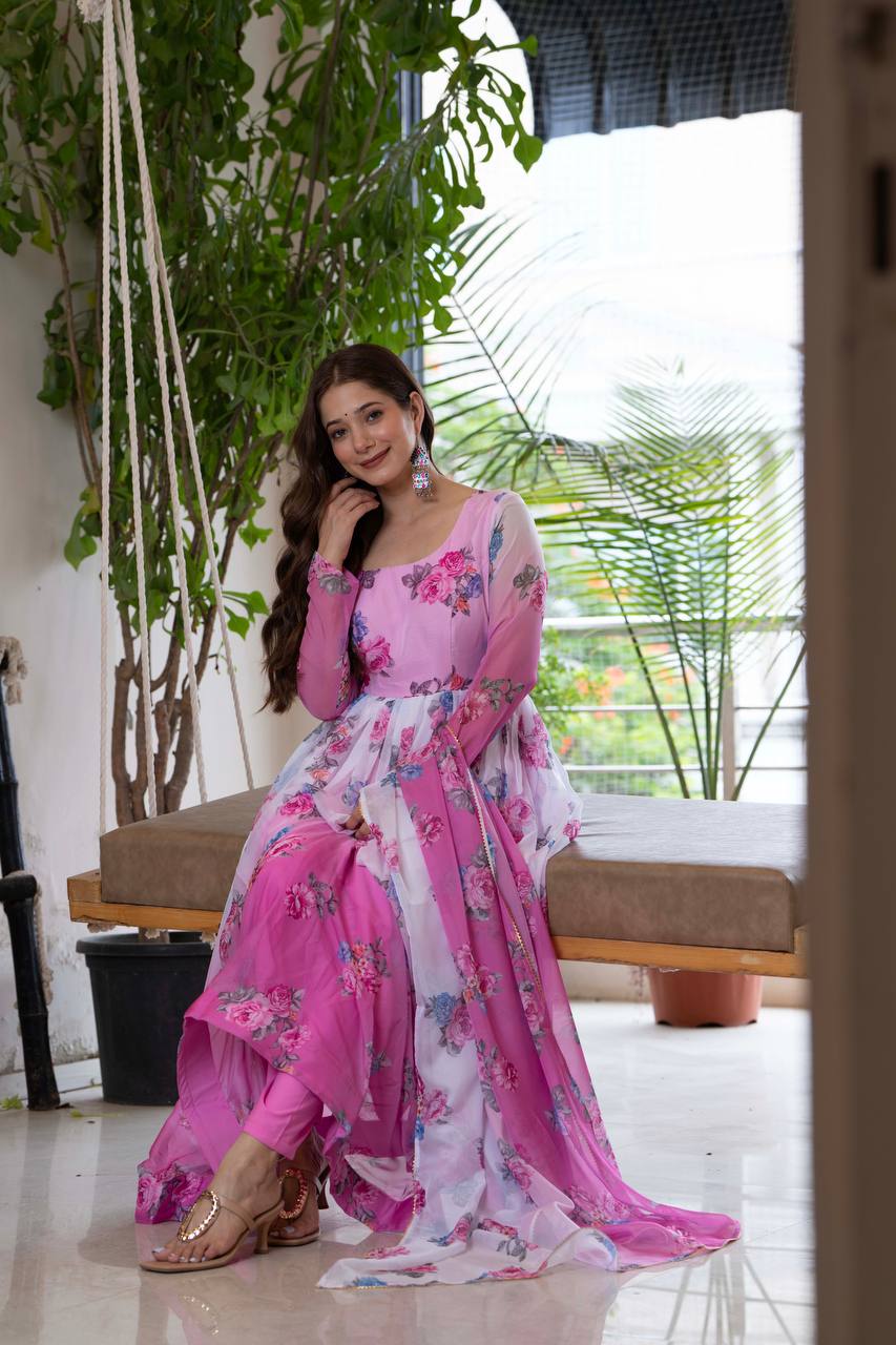 Pink Floral Anarkali Kurta Set for Women