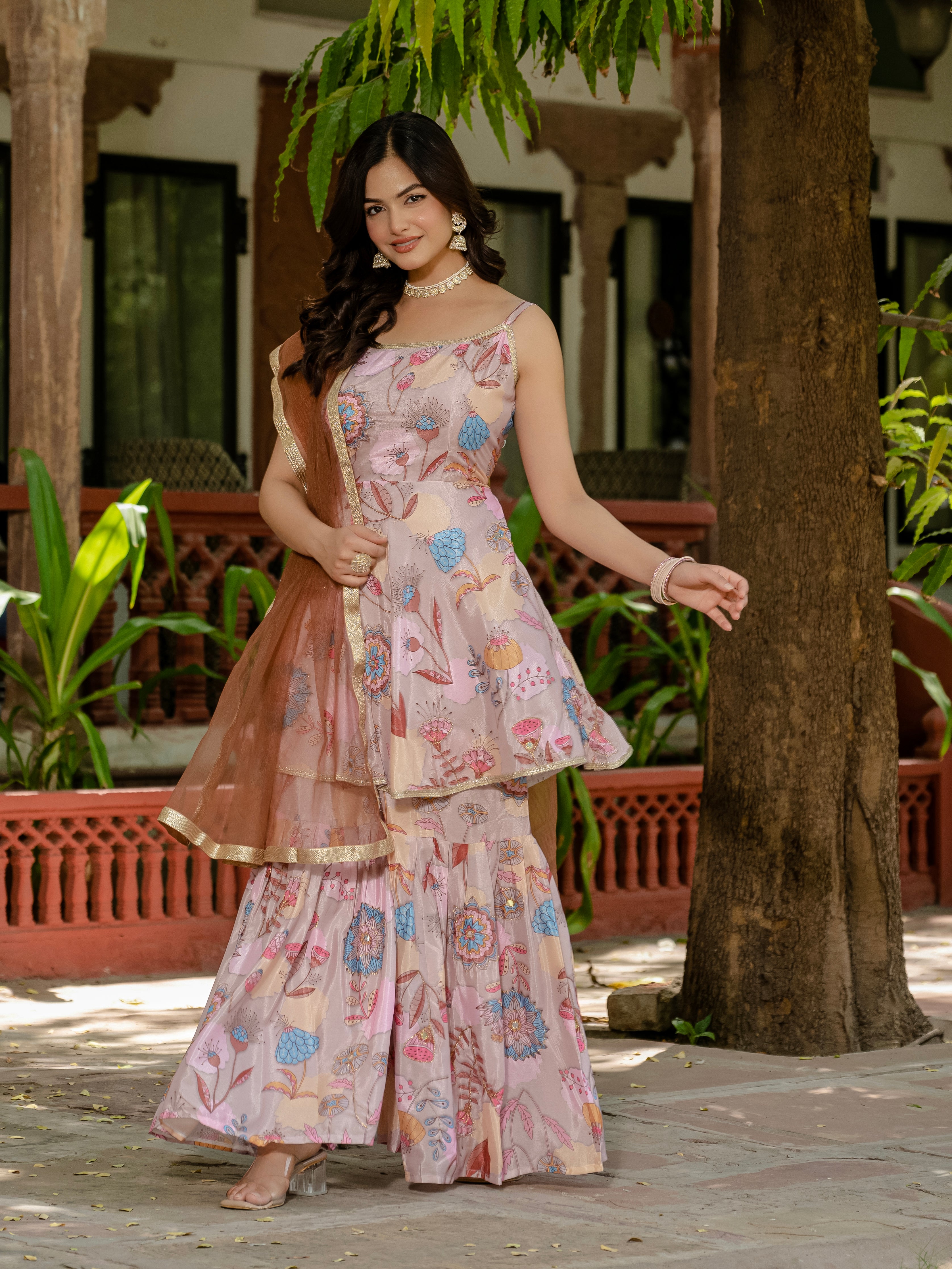Floral Kurta Sharara Set with Dupatta for Women
