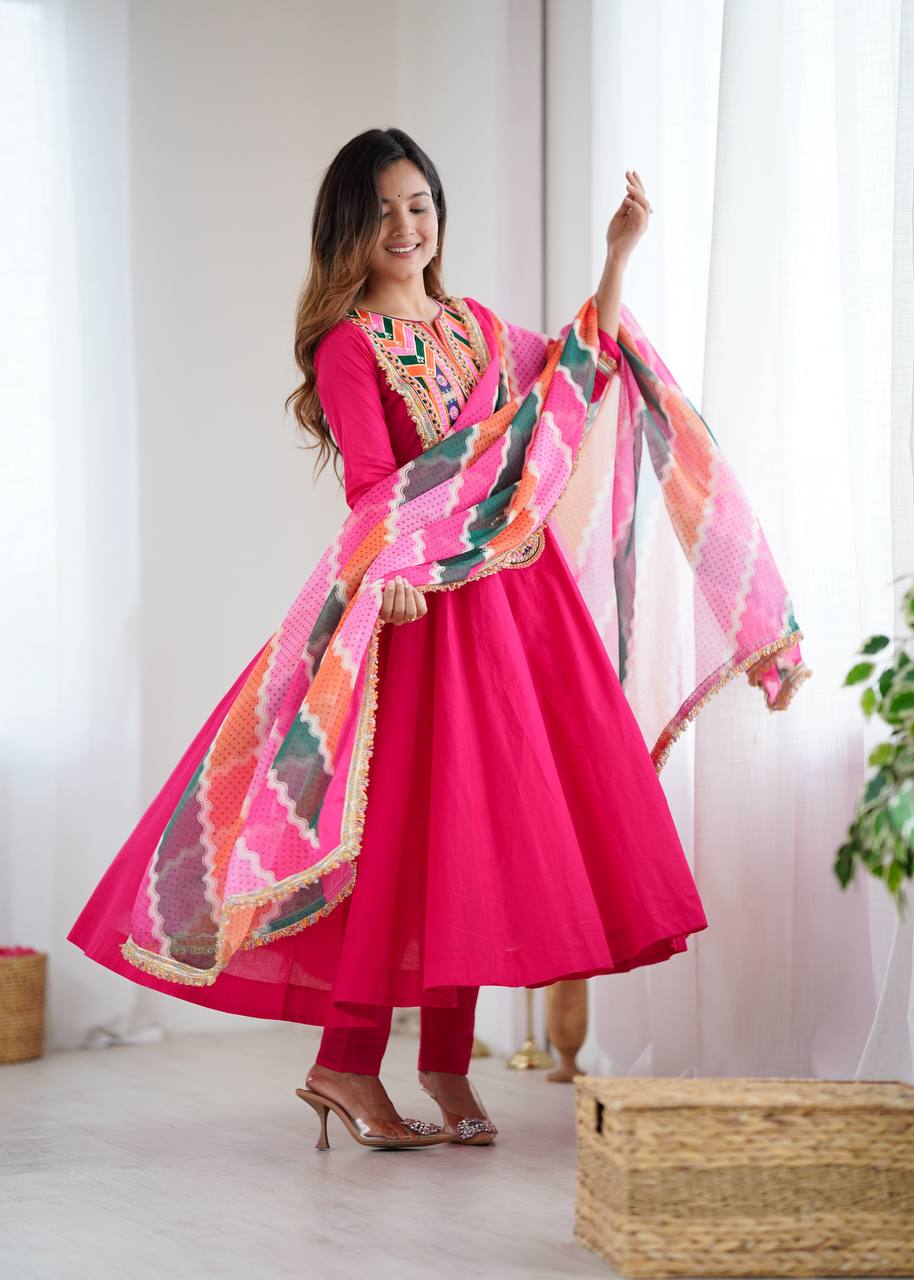 Women’s Ethnic Anarkali Suit Set with Embroidered Neckline and Colorful Dupatta