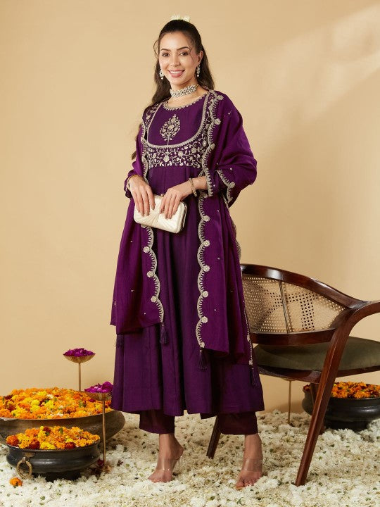 Royal Purple Embroidered Kurta Set with Dupatta for Women