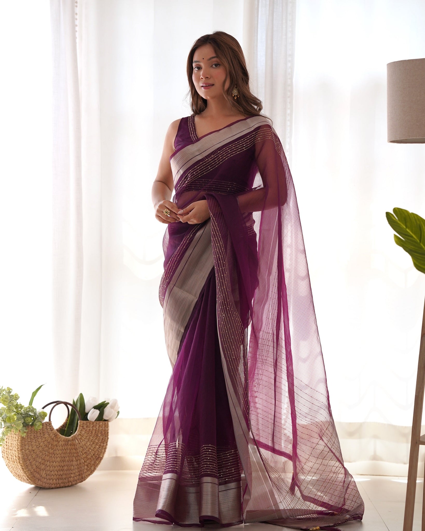 Purple Organza Casual Wear Saree for women