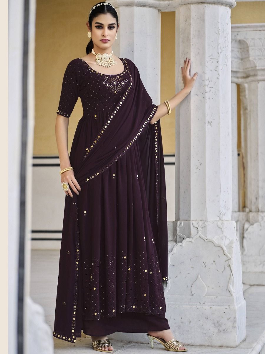 Dark Wine Purple Anarkali Kurta Set with Embellished Dupatta for Women