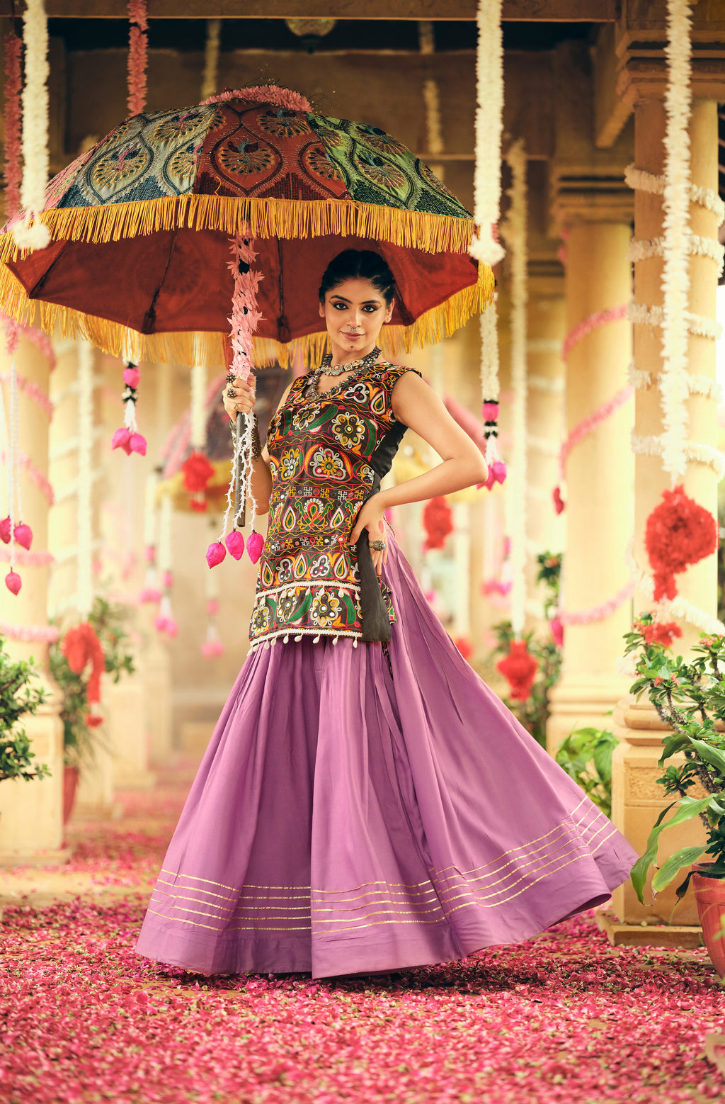 Purple Lehenga Set with Multicolor Embroidered Top