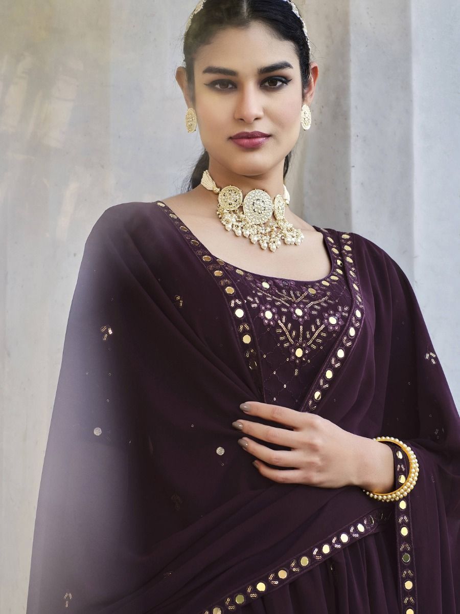 Dark Wine Purple Anarkali Kurta Set with Embellished Dupatta for Women