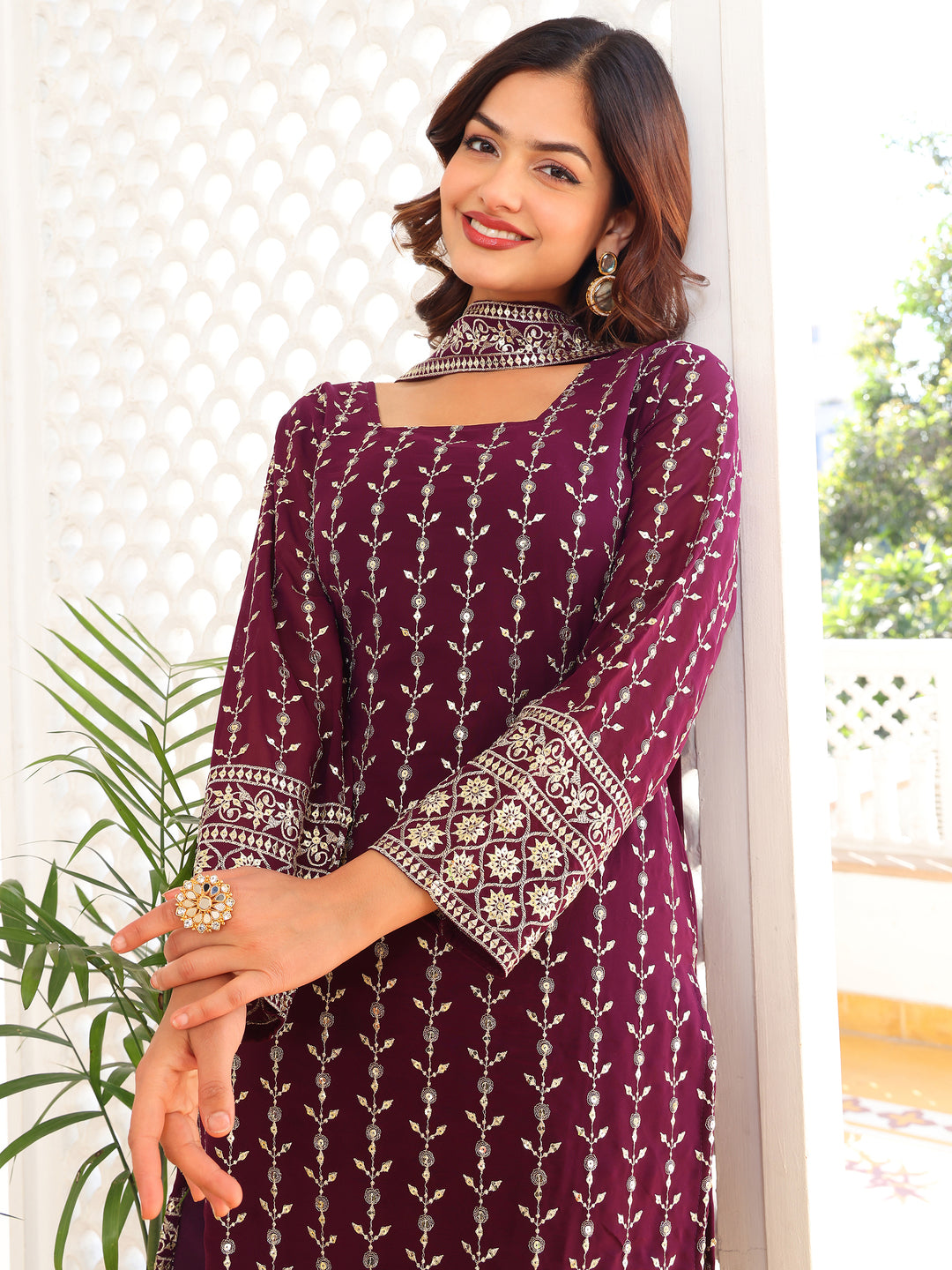Sophisticated Wine Purple Straight Kurta Set with Intricate Embroidery