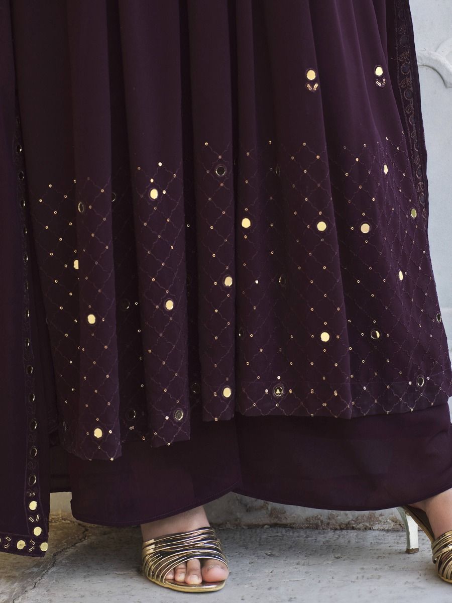 Dark Wine Purple Anarkali Kurta Set with Embellished Dupatta for Women