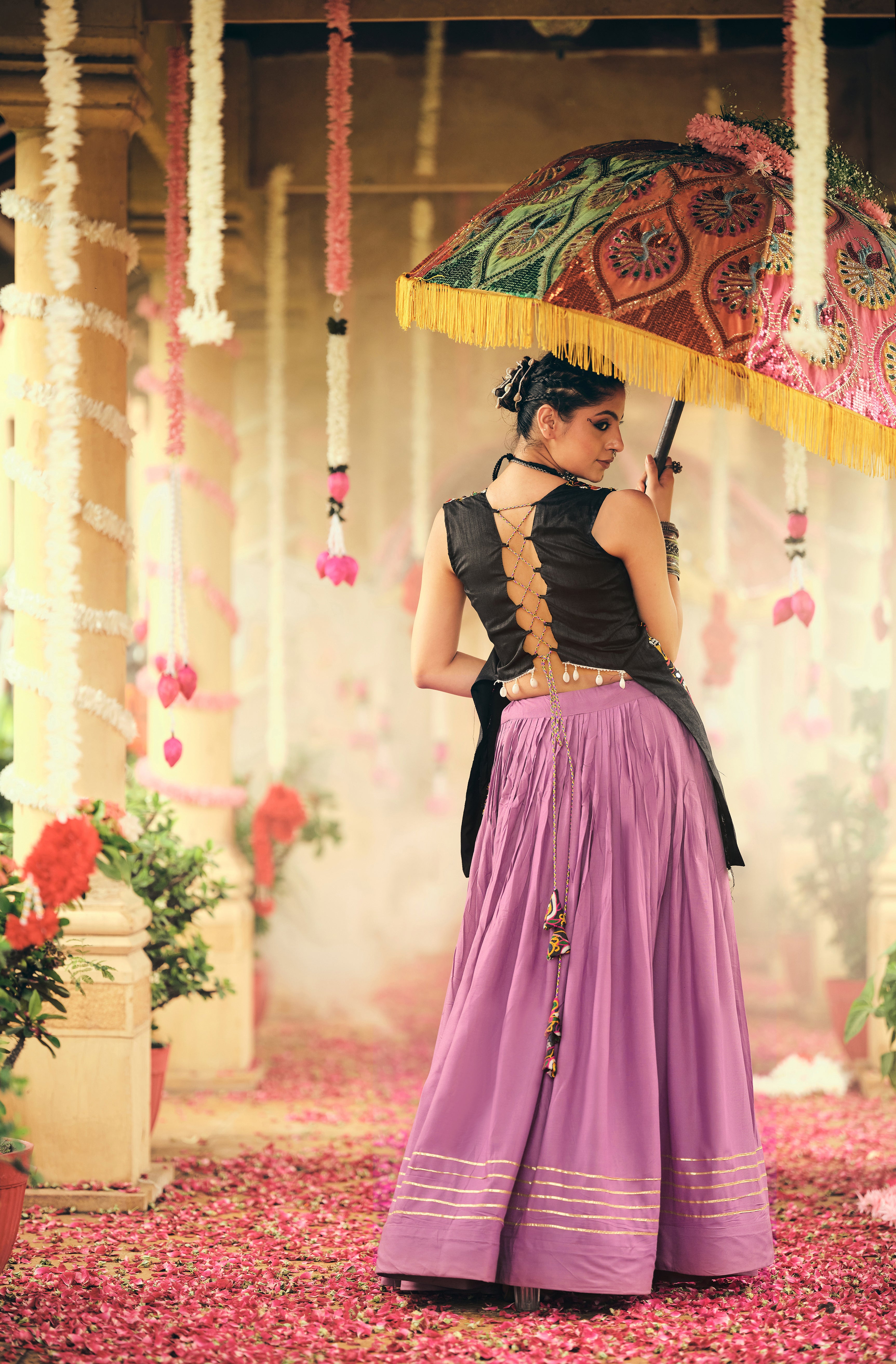 Purple Lehenga Set with Multicolor Embroidered Top