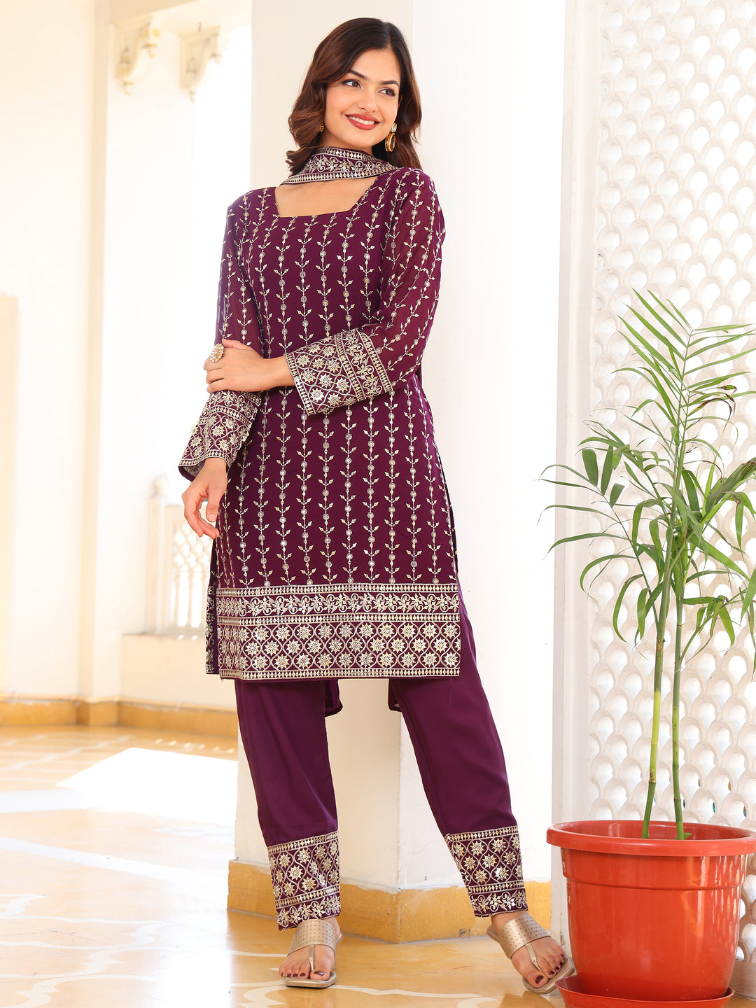 Sophisticated Wine Purple Straight Kurta Set with Intricate Embroidery