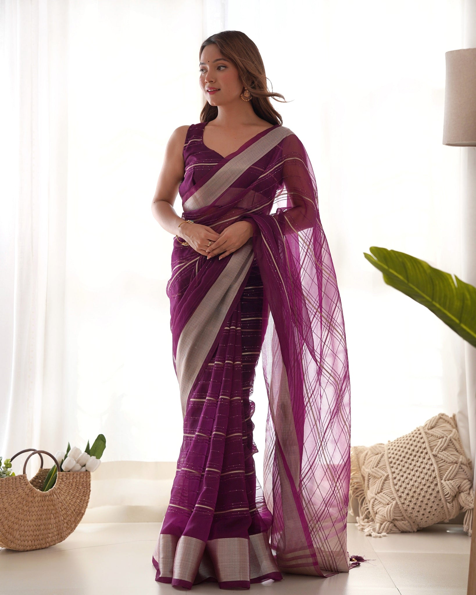 Party Wear Organza Purple Saree