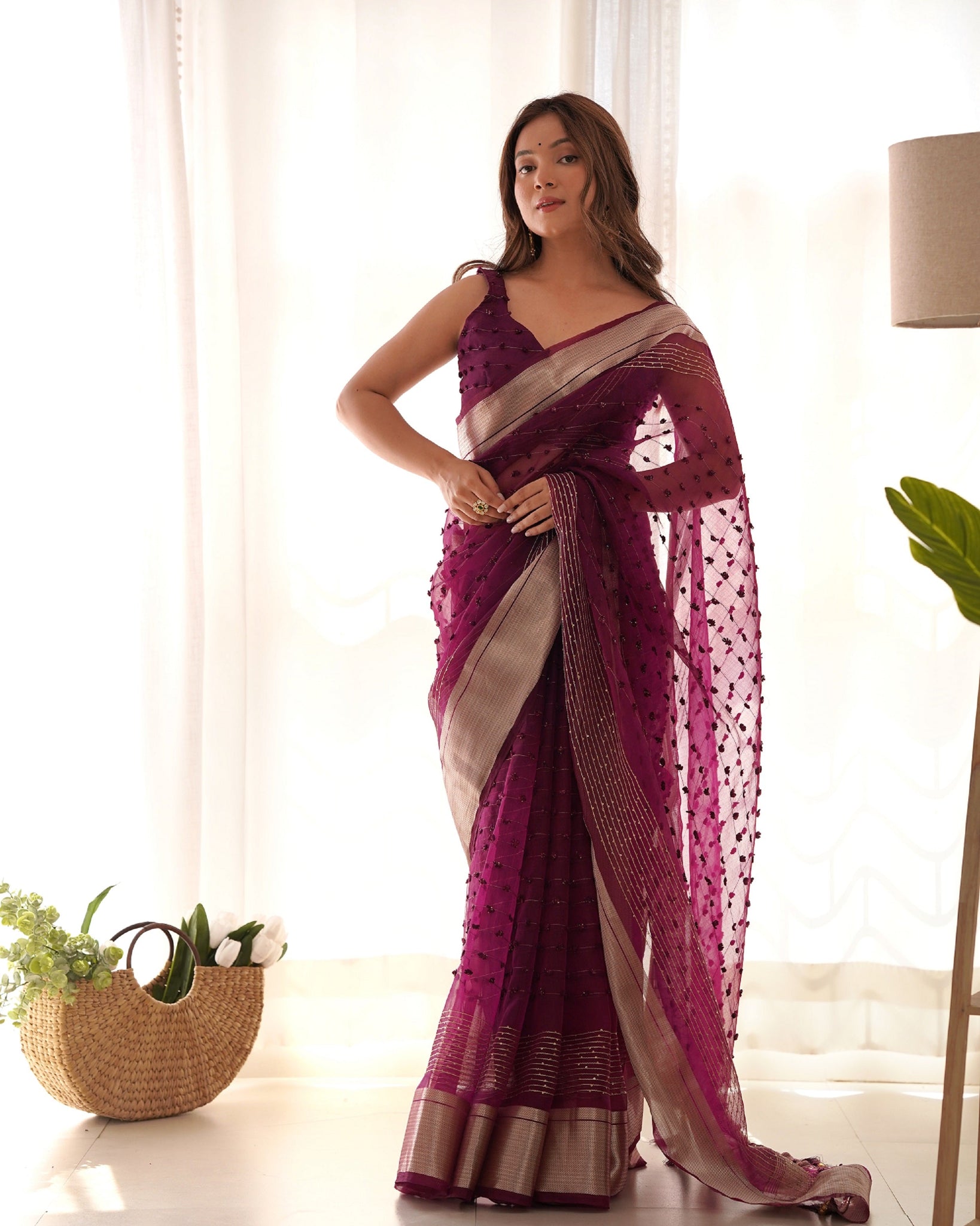 Purple Party Wear Organza Saree for women