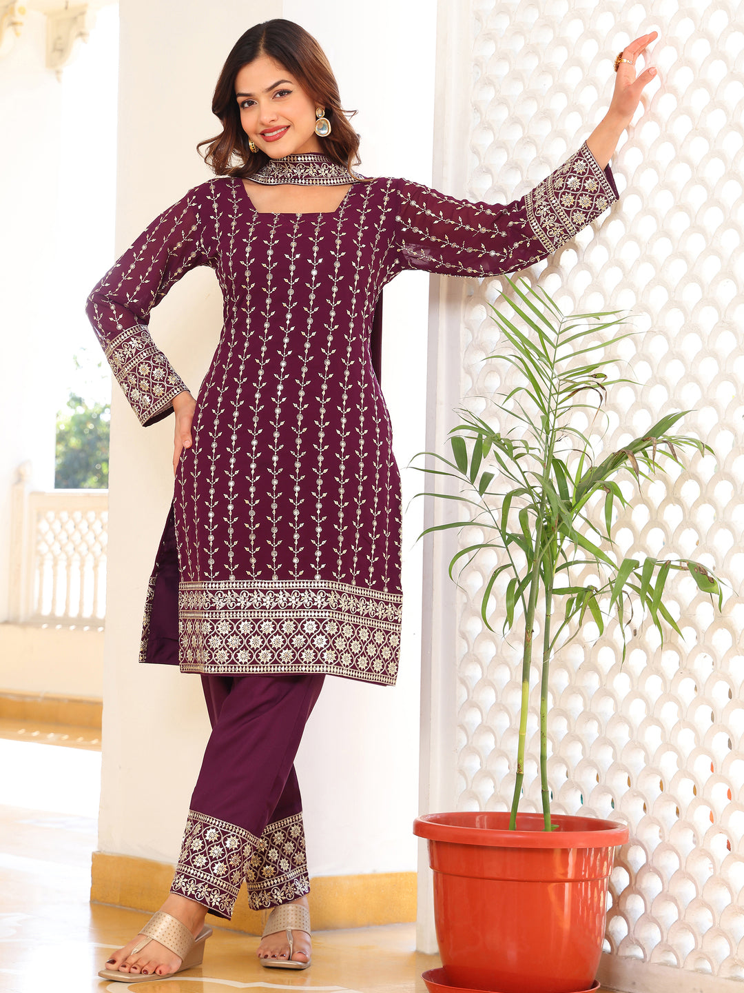 Sophisticated Wine Purple Straight Kurta Set with Intricate Embroidery