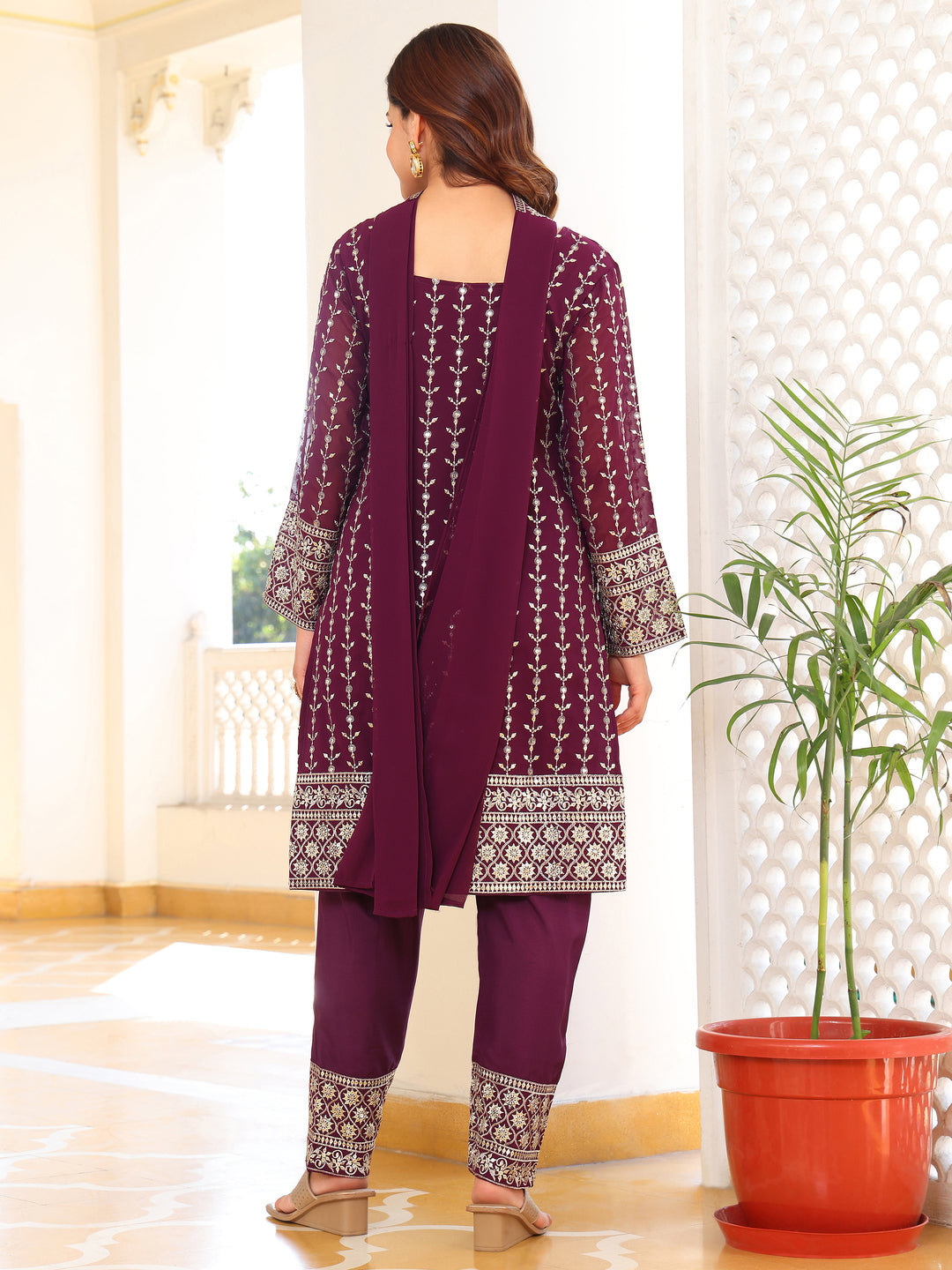 Sophisticated Wine Purple Straight Kurta Set with Intricate Embroidery