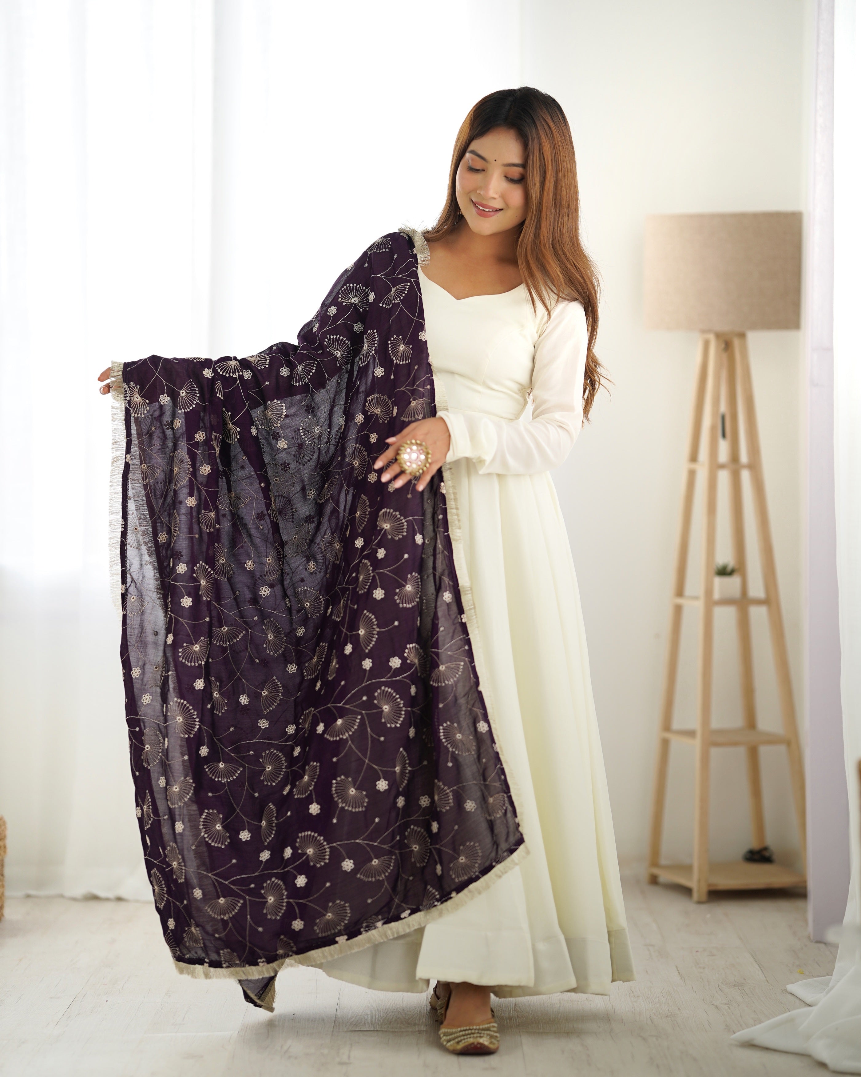 Elegant Off-White Silk Anarkali with Heavy Contrast Floral Embroidered Dupatta