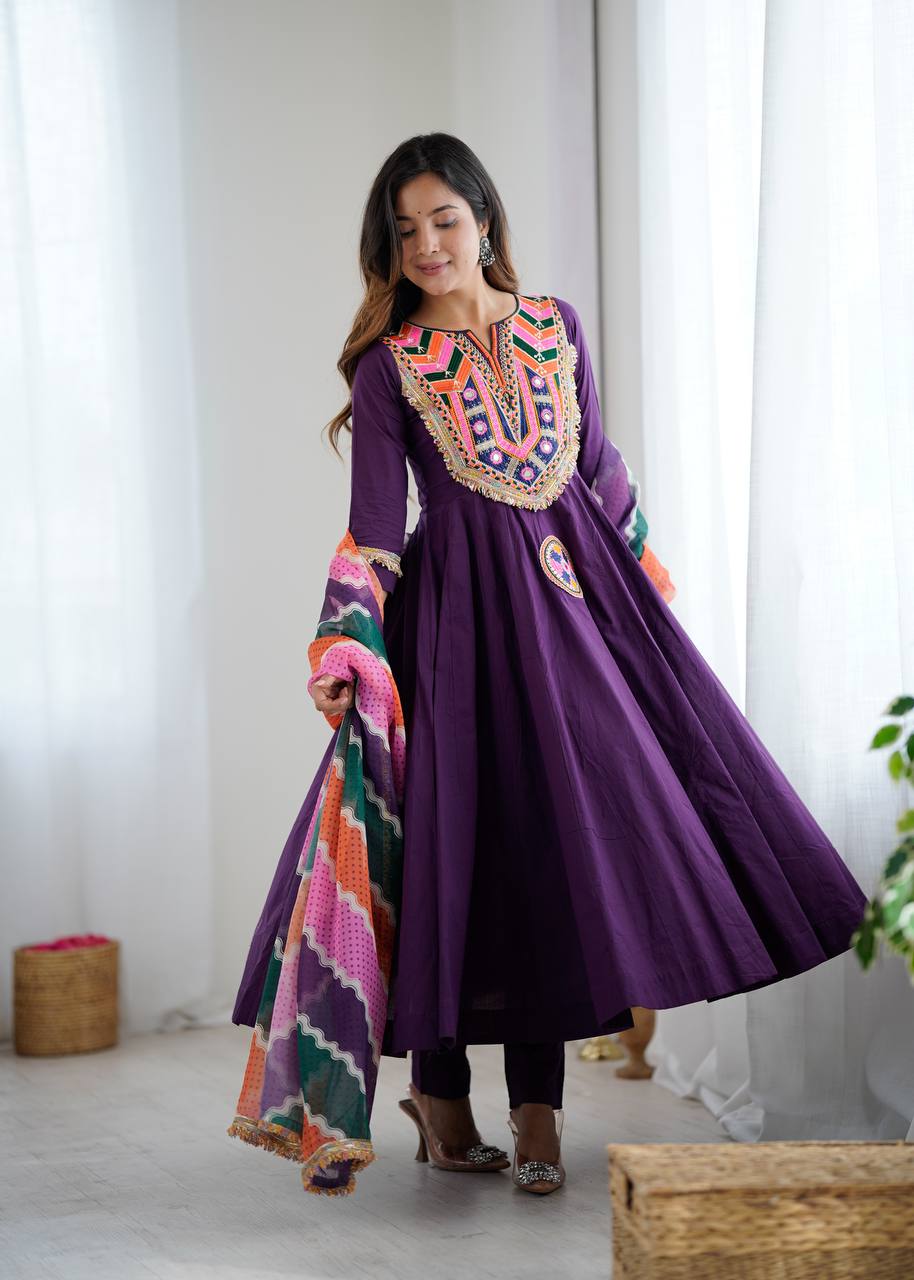 Women’s Ethnic Anarkali Suit Set with Embroidered Neckline and Colorful Dupatta