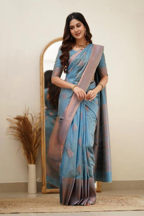 Pastel Blue Silk Saree with Rose Gold Zari Border