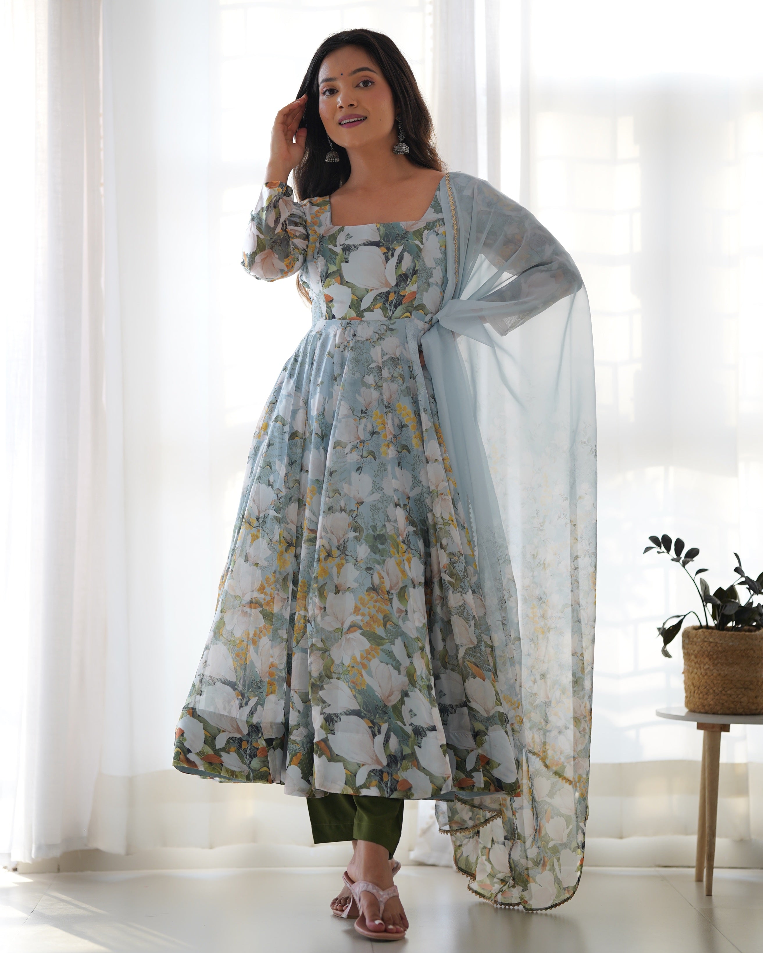 Pastel Floral Kurta Set with Dupatta for Women