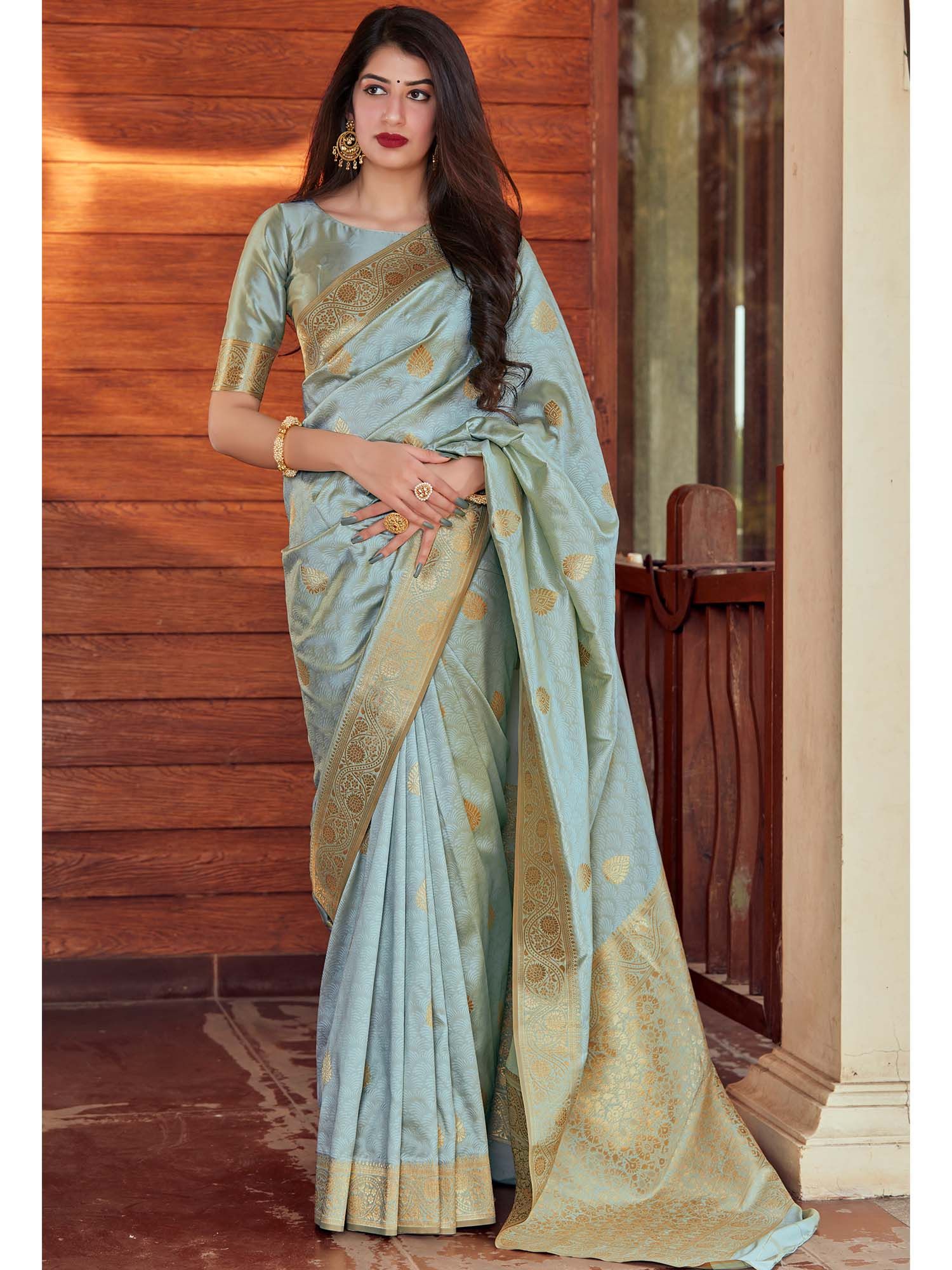 Pastel Mint Grey Silk Saree with Gold Zari Work
