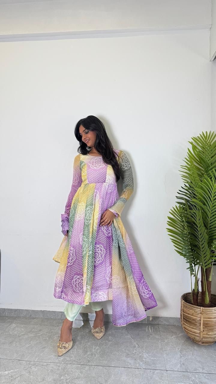 Pastel Printed Anarkali Kurta Set for Women
