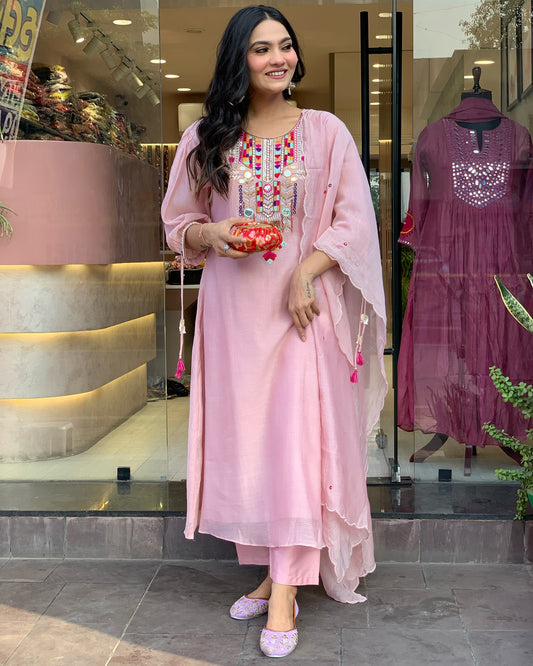 Charming Pink Embroidered Kurta Set with Sheer Dupatta