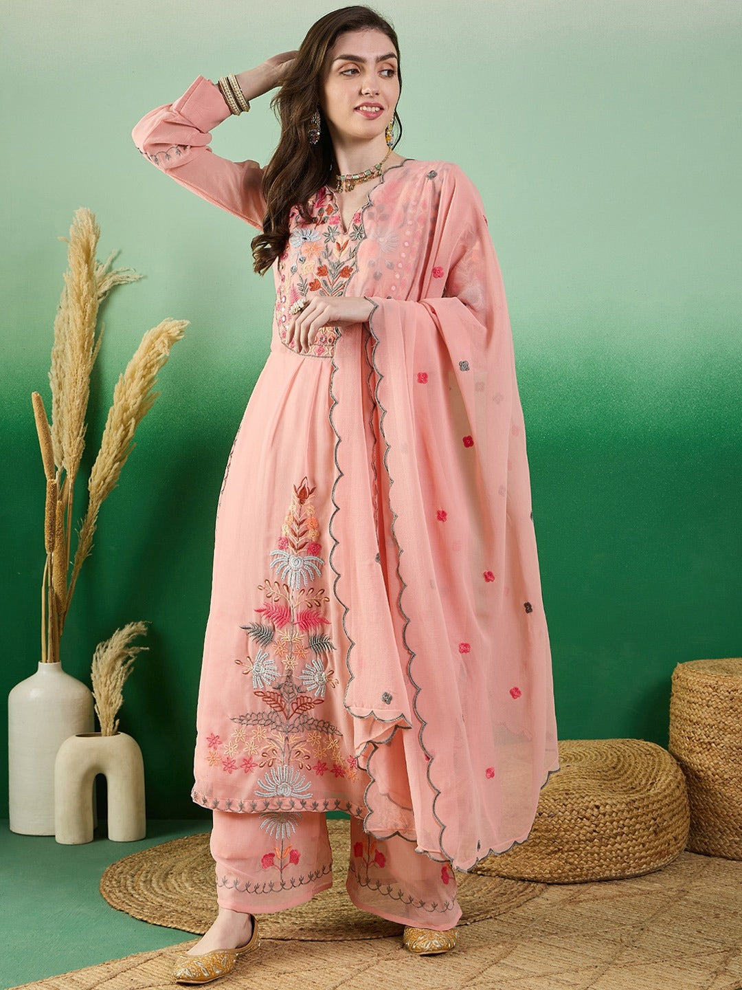 Peach Embroidered Kurta Set with Dupatta | Soft Festive & Ethnic Wear Suit