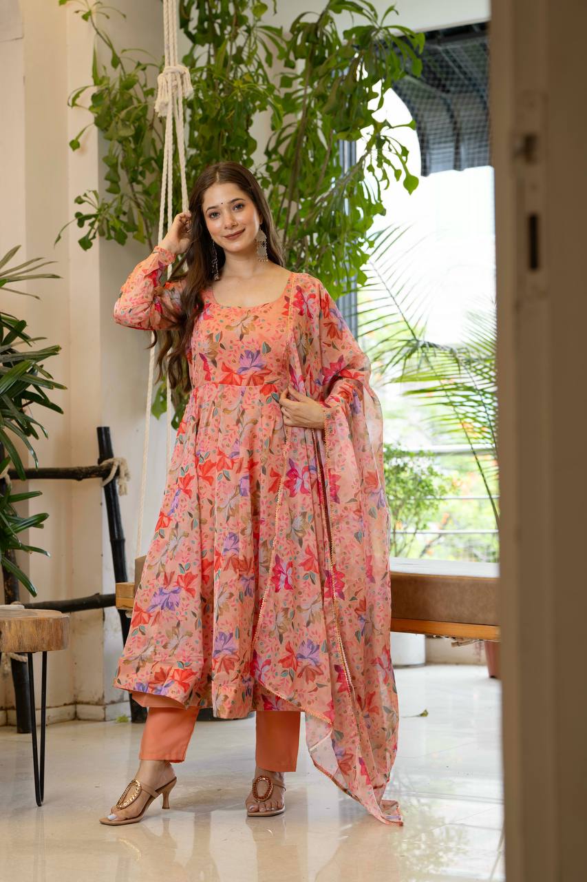 Peach Floral Anarkali Kurta Set for Women